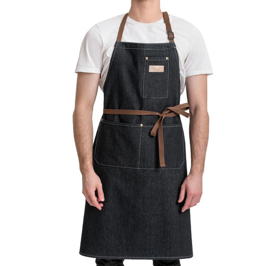 ROTANET Denim Work Apron with 3 Pockets Jean Shop Aprons for Chef Hairstylist Kitchen Woodworking for Men Women Black