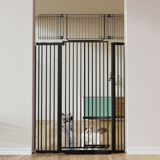 COMOMY 71" Extra Tall Pet Gate for Cats, 29.5-43" Extra Wide Cat Gate with Adjustable Cat Door, Pressure Mounted Easy Walk Through Pet Gate with Door for Stairs, Doorways, Kitchen(Black)