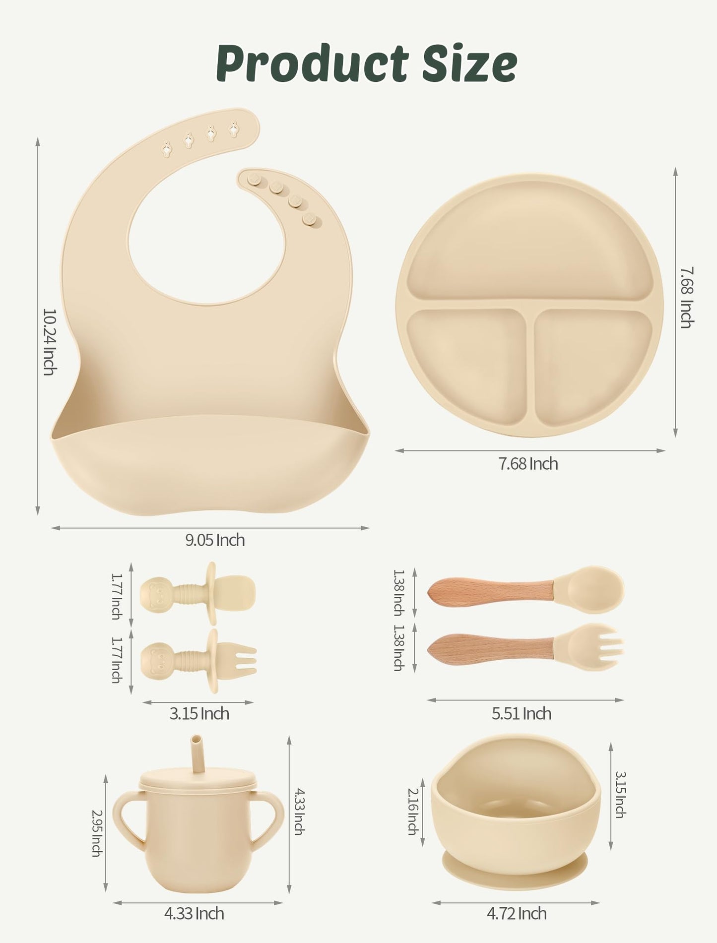 JELLDJK 24 PCS Silicone Baby Feeding Set, Baby Led Weaning Supplies Includes Suction Bowls and Divided Plates, Adjustable Silicone Bib, Spoons&forks, Training cup with straw (Green+Brown+Beige)