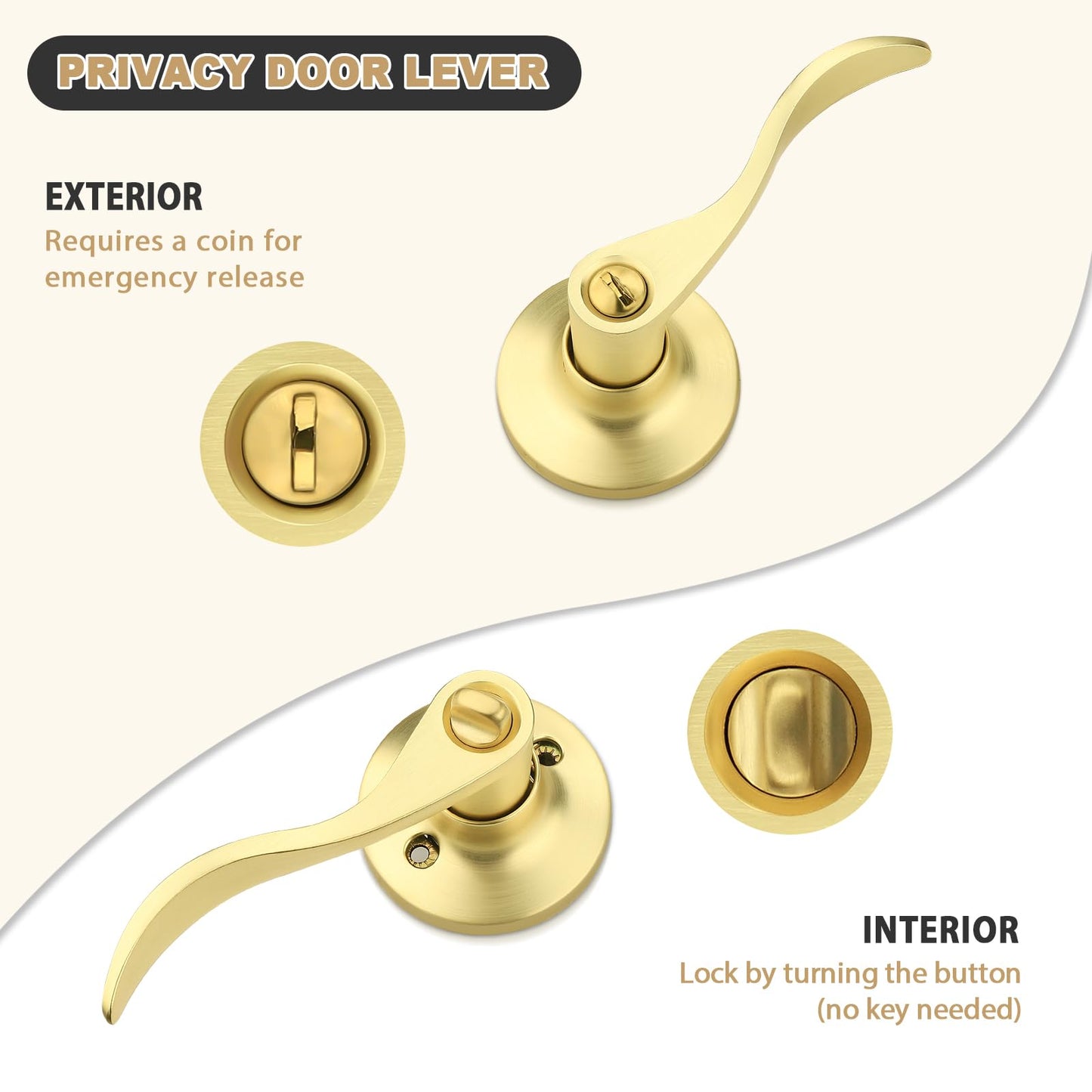 GOBEKOR Gold Door Handle Wave Privacy Door Lever Brushed Gold Door Handles Interior with Lock for Bedroom Bathroom Reversilble for Left/Right-Handed Doors, Satin Brass(10 Pack)