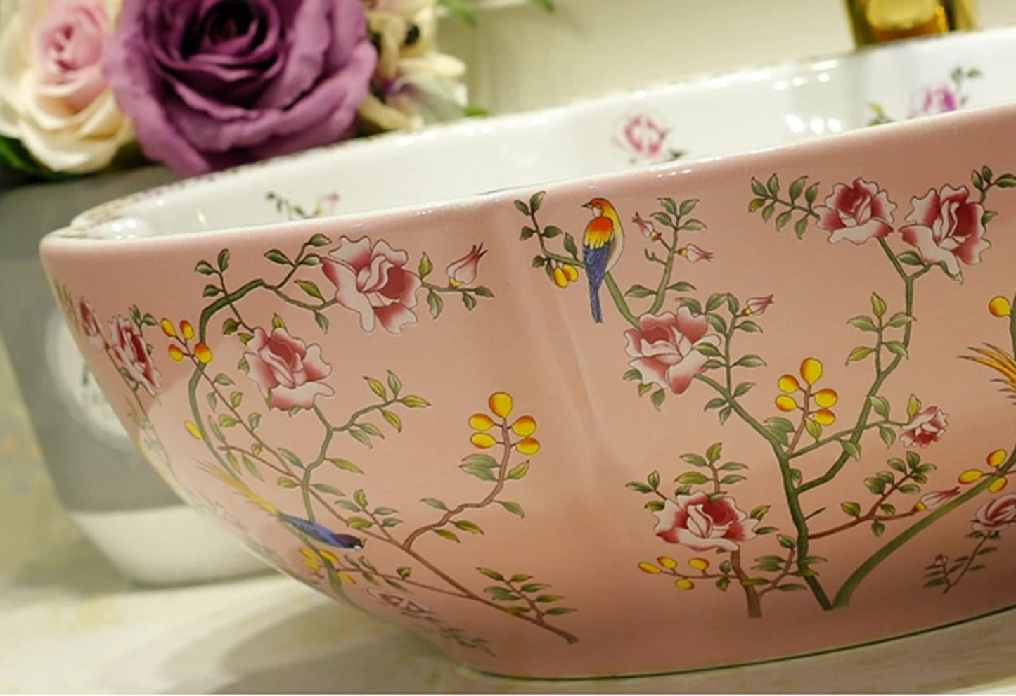 Jdzlanwtart Bathroom Vanity Top Vessel Sink Pink Color American Style Ceramic Countertop Sink Bowl with Flower Bird Pattern without Faucet - Above Counter Installation - 16.4"L x 16.4"W x 5.9"H
