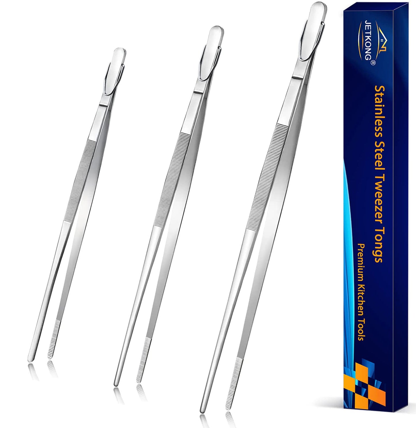 JETKONG Extra Long Kitchen Tweezers Heavy Duty Stainless Steel Cooking Tweezers, Set of 3 (9 12 14 Inch, Silver)