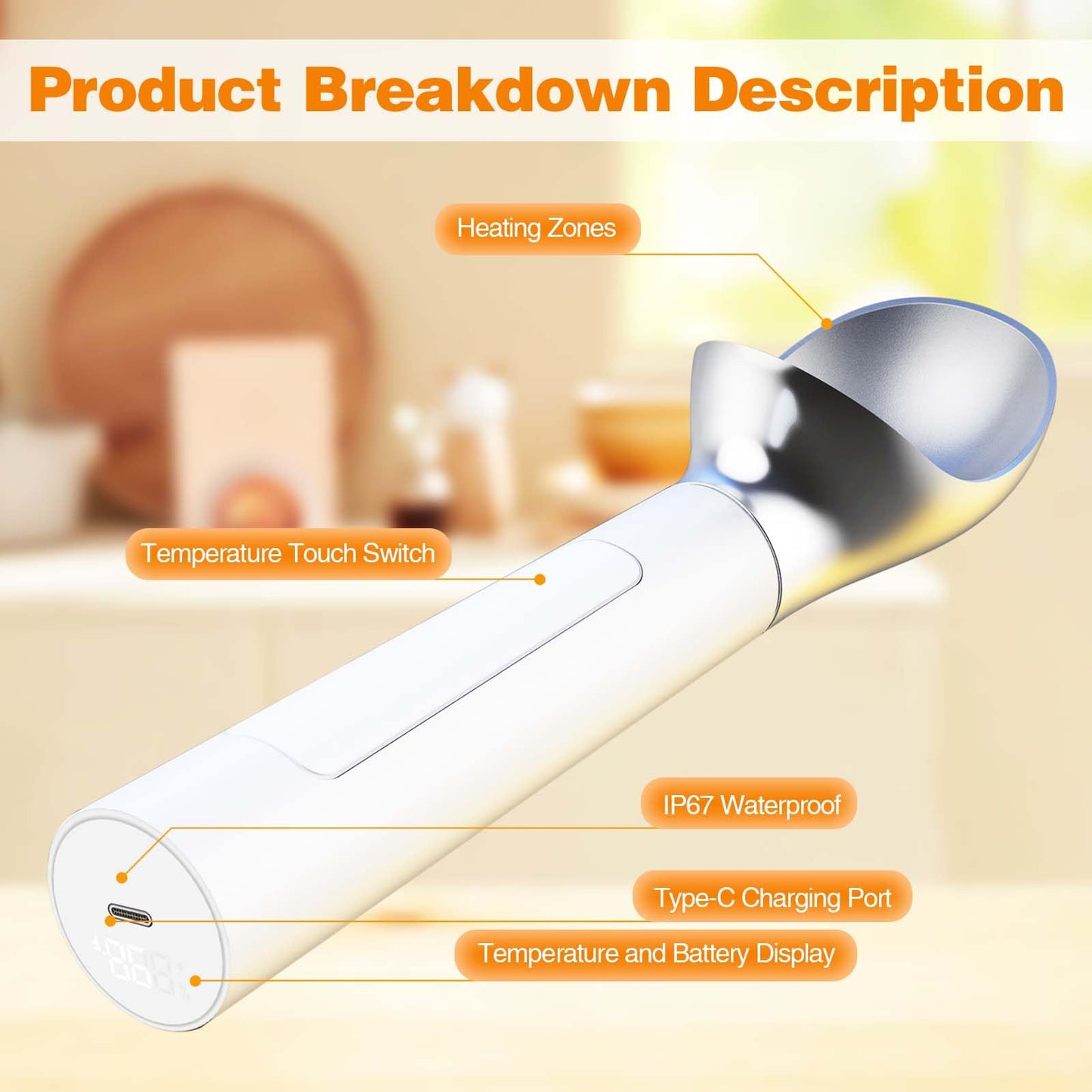 Heated Ice Cream Scoop Rechargeable, Waterproof Electric Ice Cream Scoop for Hard Ice Cream, Rechargeable with LED Display, Heats to 158°F for Dessert Shops, Homes Kitchen Gadgets