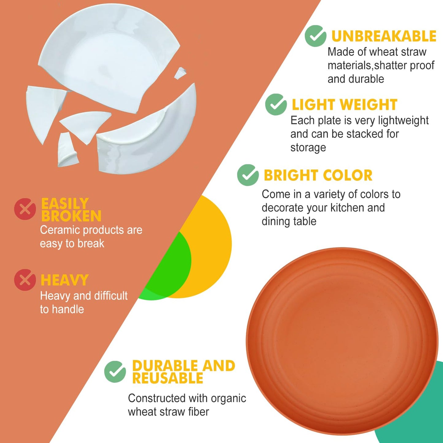 Homienly 10 inch Wheat Straw Dinner Plates Set of 8 - Alternative to Plastic, Microwave & Dishwasher Safe, Unbreakable Kids Plates with 4 Colors (Classic Bright)