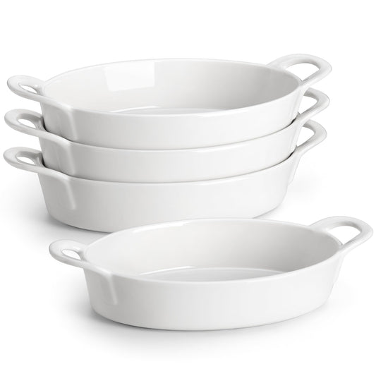 MALACASA Small Casserole Baking Dishes for Oven, Ceramic Oval Baking Dish Sets of 4, 8" x 5" Inch Au Gratin Baking Pans with Handles for Roasting, Lasagna, Pie, Baking Meat & Vegetables, White