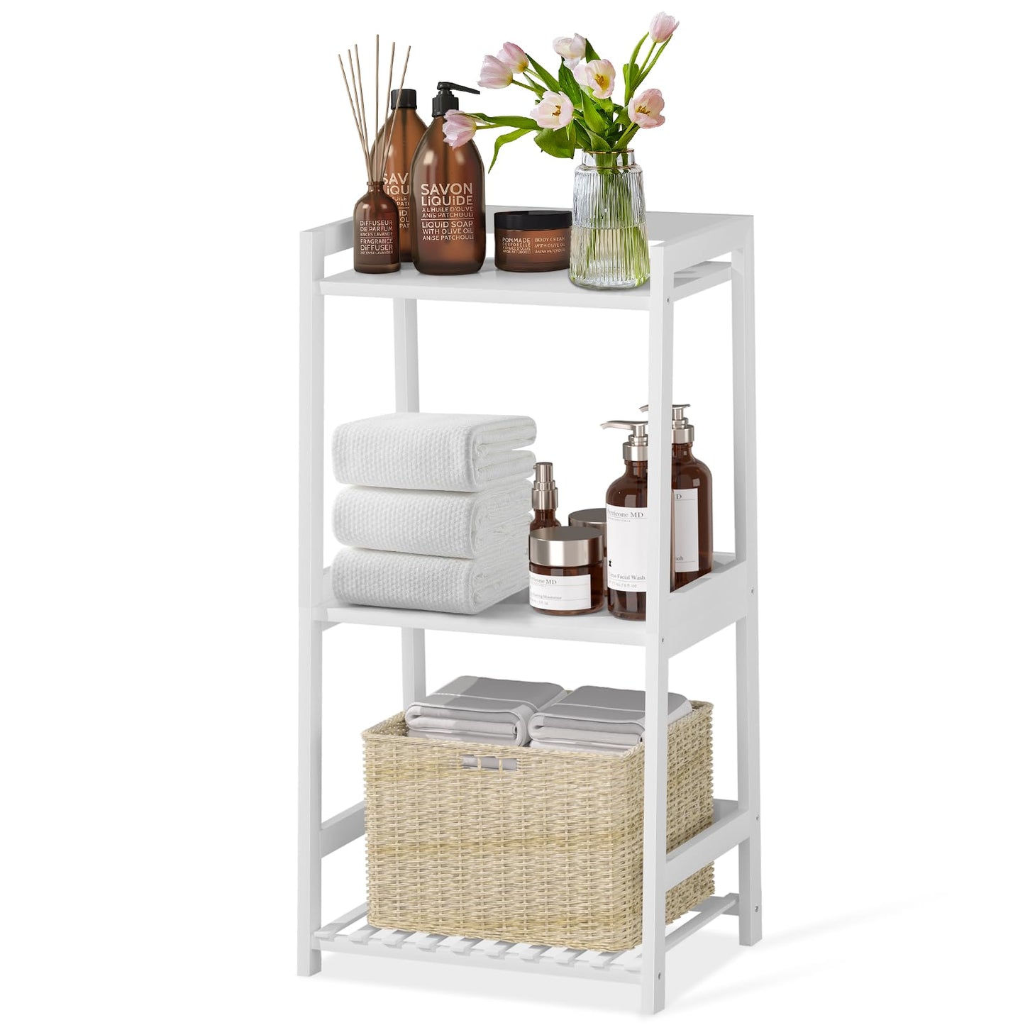 POXAKA 3 Tier Bamboo Bathroom Shelves, Ladder Shelf for Storage, Rustic Home Organizer, Space-Saving Design, Stylish Display Nightstand, Stylish Storage Solution for Home, Living Room, Kitchen