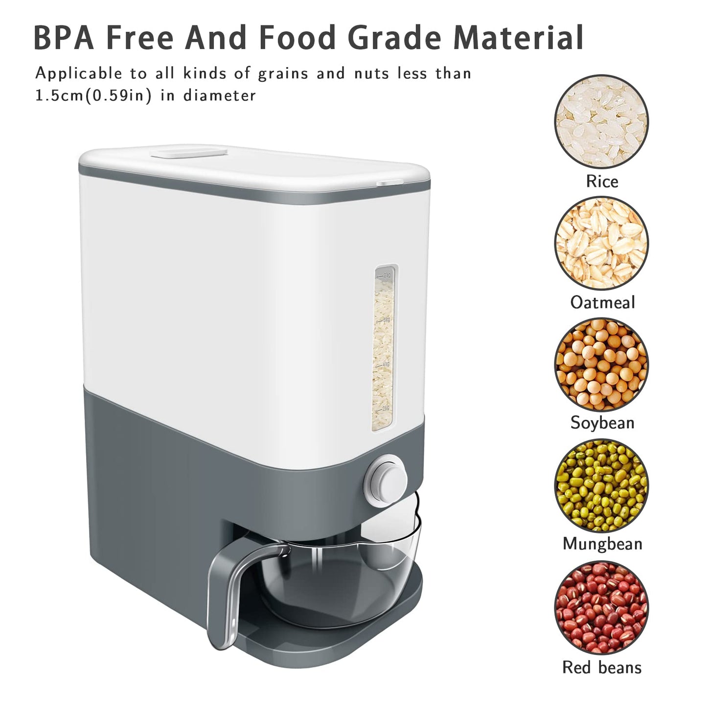 Lenwi 22-25 Lbs Rice Dispenser, Large Cereal Dry Food Storage Containers with Measuring Cup,BPA-Free Household for Kitchen Pantry Organization-Grey