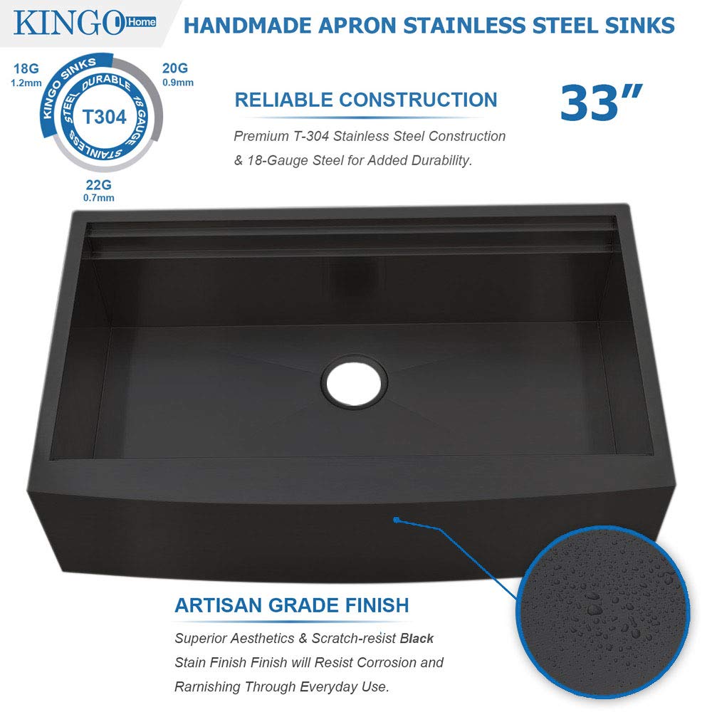 KINGO HOME 33 inch Black Farmhouse Sink, 16 Gauge Double Ledges Stainless Steel Farmhouse Kitchen Workstation Sink, All In One Apron Front Deep Single Bowl Kitchen Farm Sytle Farmer Sinks 33"x20"x9