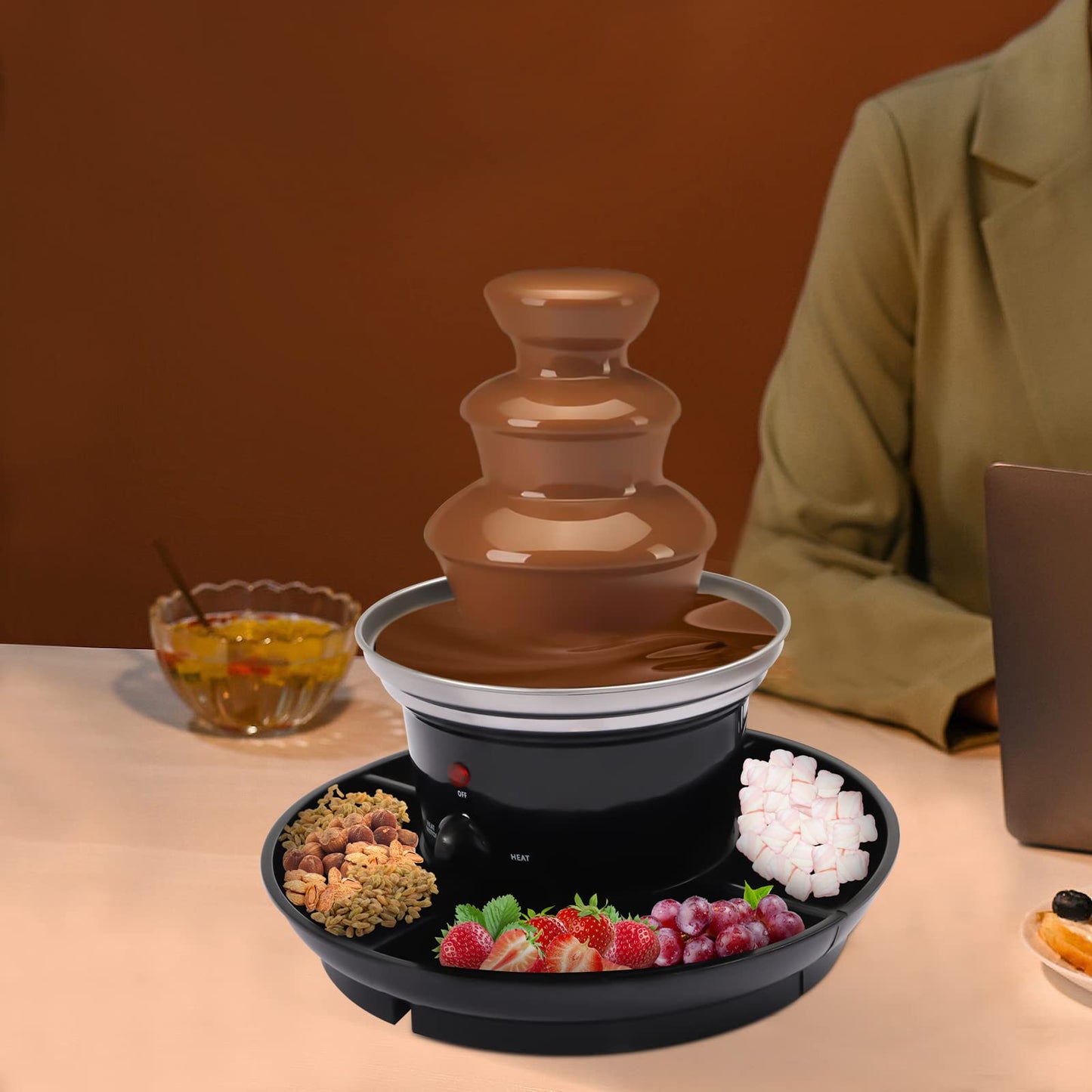3 Tier Chocolate Fountain Machine, 40W 120V 1Lb Capacity Electric Chocolate Fondue Fountain Machine Stainless Steel Electric Melting Machine with Fruit Plate for Family Gatherings Weddings Birthdays