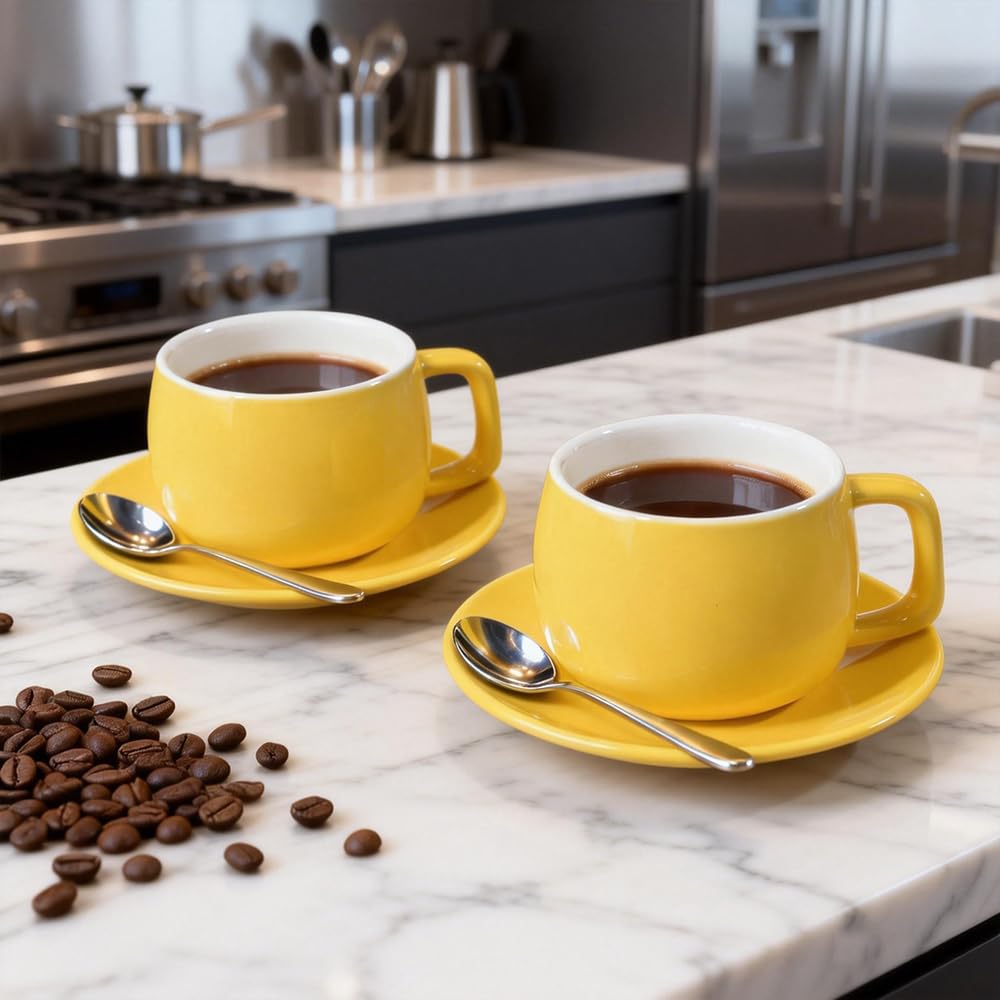 ionEgg Porcelain Coffee Cup with Saucers and Spoons 270ml/9oz for Latte, Cappuccino and Tea, Yellow, Set of 2