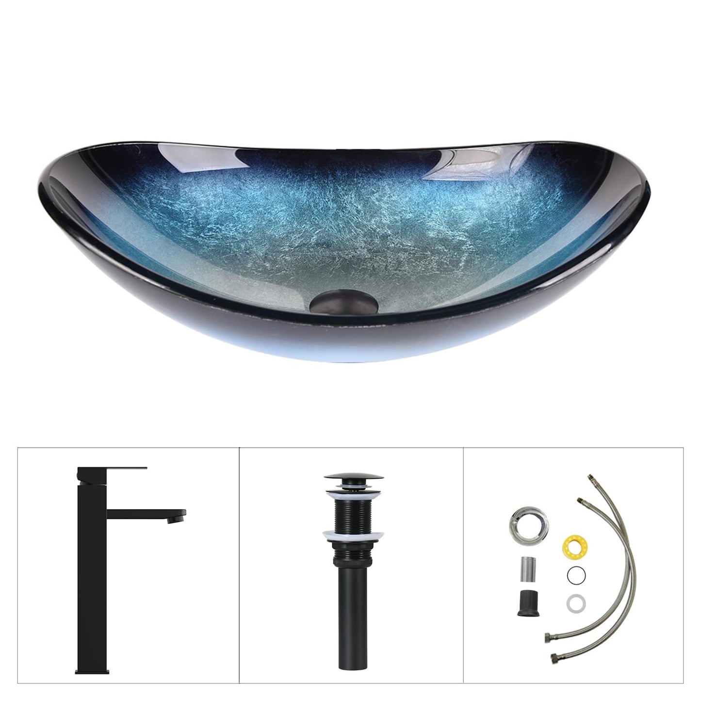 SOLIDEE Bathroom Boat Shape Artistic Glass Vessel Sink Free Black Faucet and Pop-up Drain Set, Blue