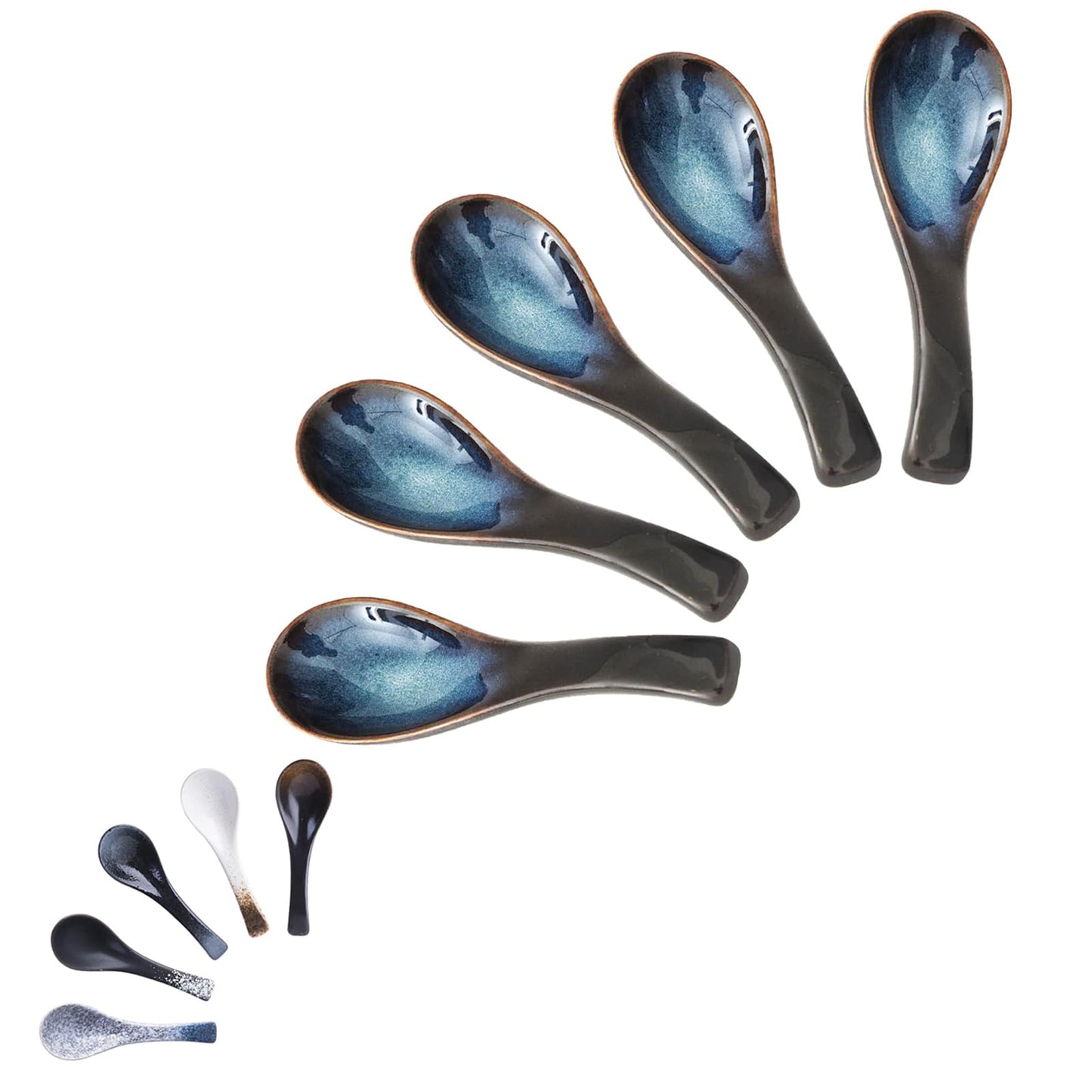 Japanese Ramen Soup Spoons Asian Blue Ceramic Soup Spoon for Pho Dessert Noodle 5 Pcs