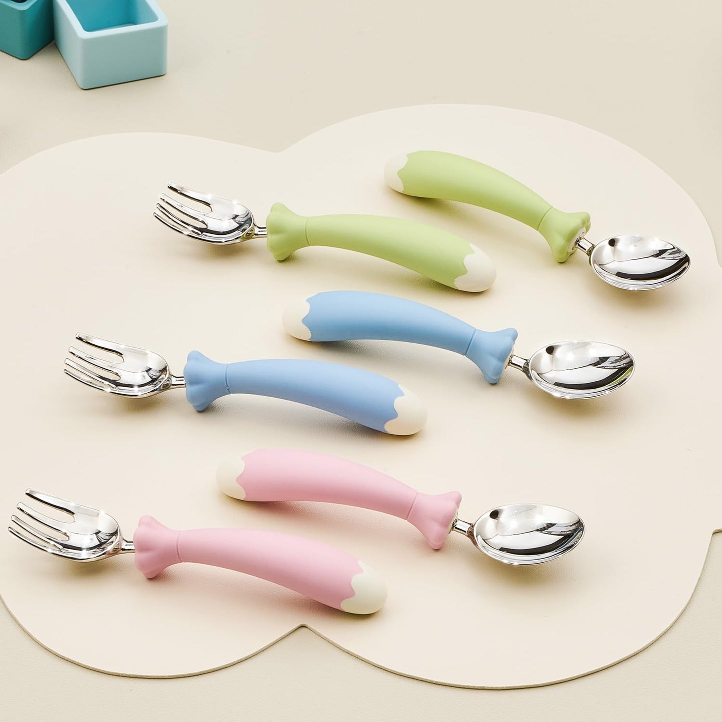 KINGSTONE Toddler Utensils with Case, Kids Silverware Set with Silicone Handles, 18/10 Stainless Steel Children Safe Forks and Spoons, Travel Carrying Cases BPA Free, Dishwasher Safe (blue)
