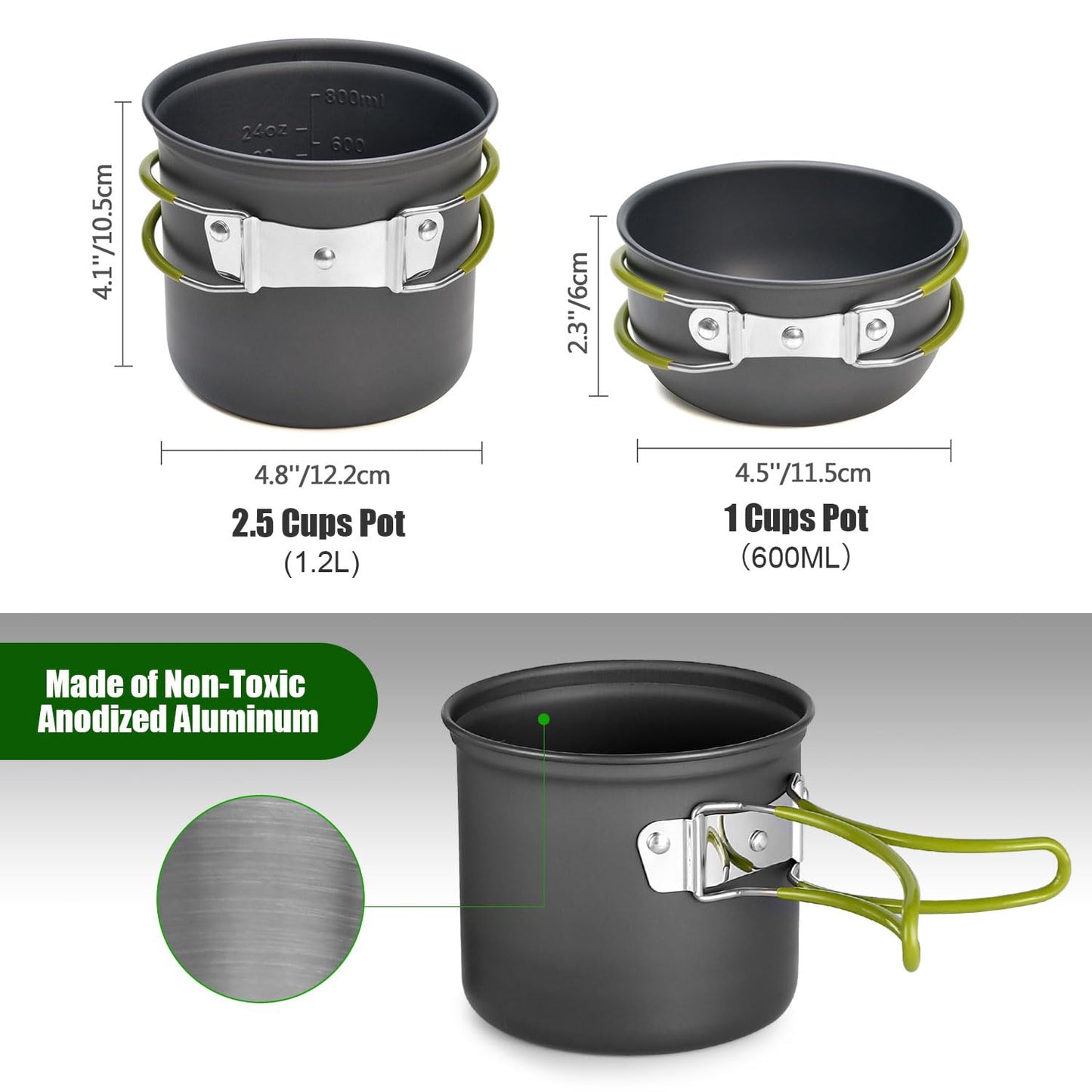 Odoland 8pcs Camping Cookware Mess Kit, Camping Pot and Pan Set with Mini Backpacking Stove, Stainless Steel Cup, Spork and Tank Bracket, Cooking Gear for Outdoor, Hiking, Picnic, Campfire, Green