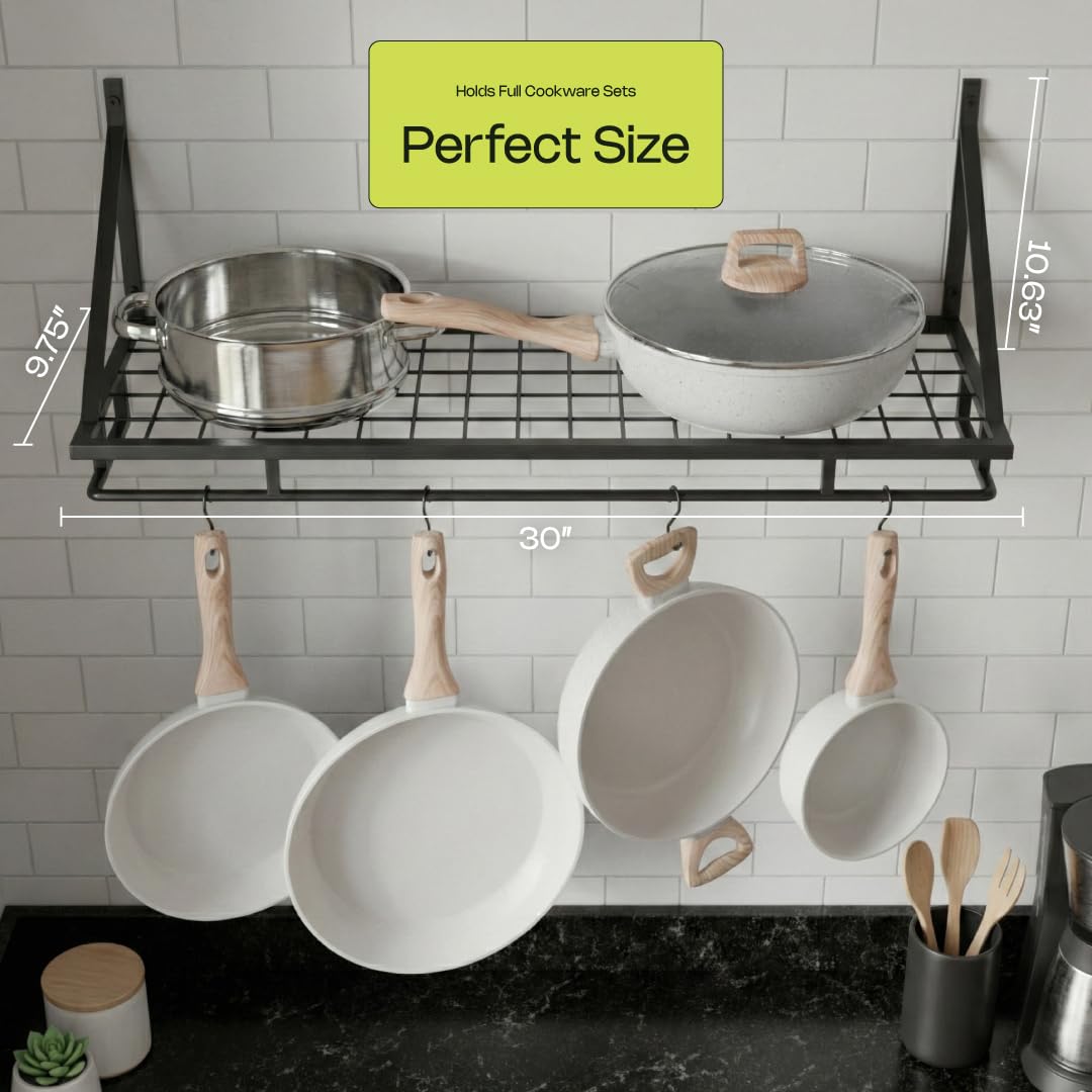 Caldwell Kitchen Co Pot and Pan Shelf – Heavy-Duty Adjustable Cookware Rack for Cabinet or Countertop | Space-Saving Kitchen Organizer for Pots, Pans & Lids Storage
