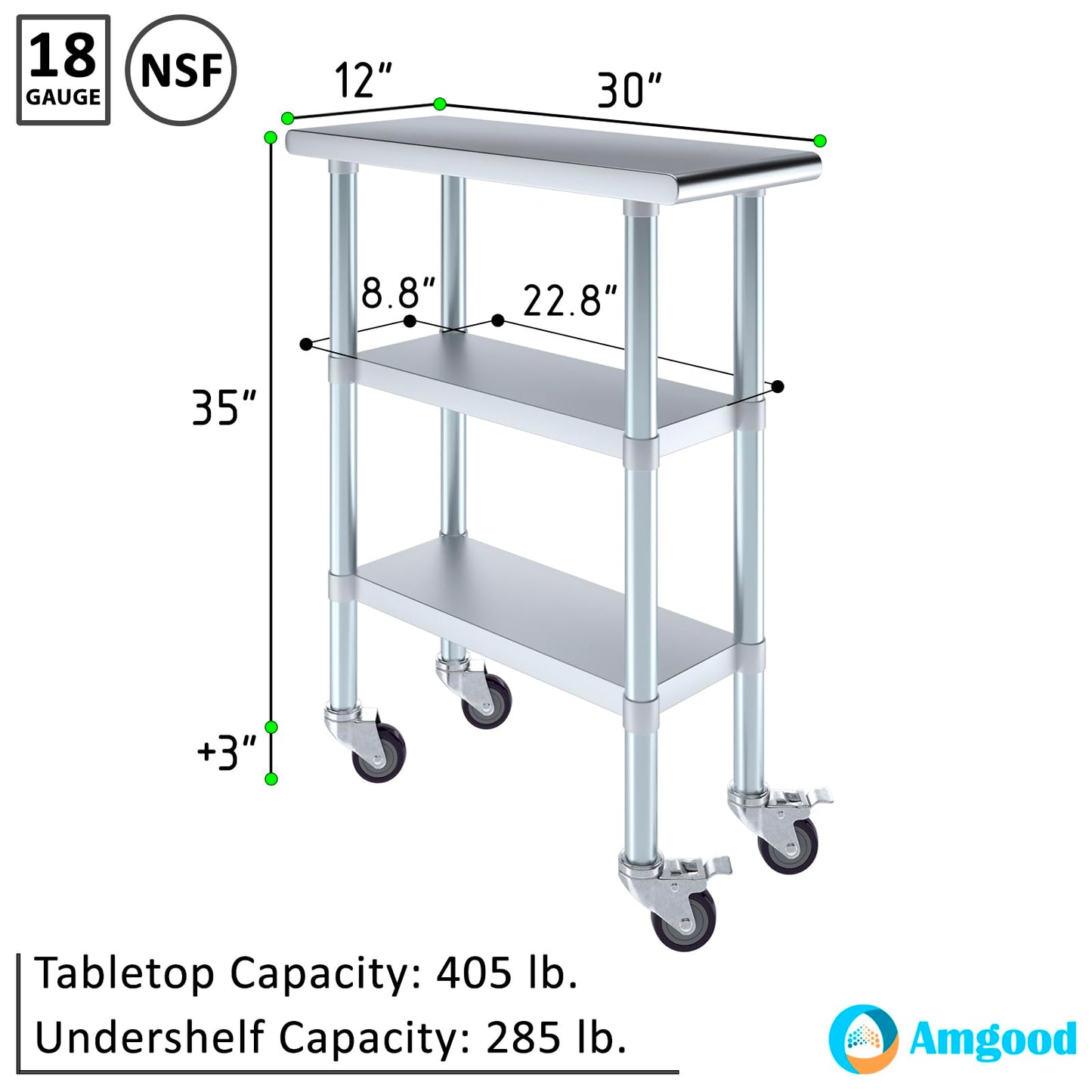 AmGood Stainless Steel Work Table with 2 Shelves and Casters | Metal Utility Table On Wheels (Stainless Steel Work Table with 2 Shelves + Casters, 12" Long x 30" Deep)