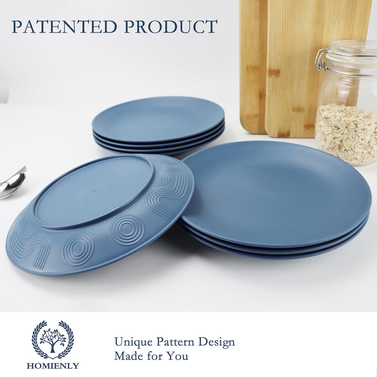Homienly Flat Dinner Plates Set of 8 Alternative to Plastic Plates Microwave and Dishwasher Safe Wheat Straw Plates for Kitchen Unbreakable Plates for Camping, Salad(Blue, 10 inch)