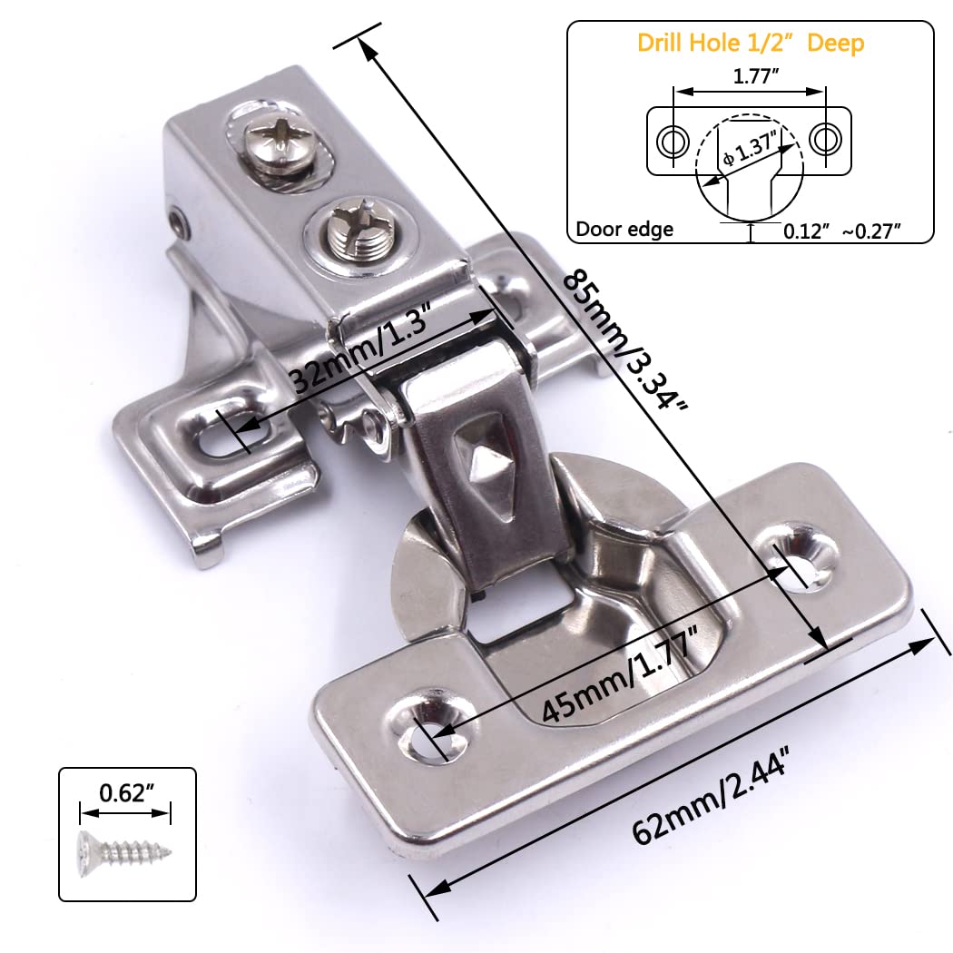 20 Pack Soft Close Cabinet Door Hinges for 1/2" Partial Overlay, 105 Degree Opening Angel, Stainless Concealed Kitchen Cabinet Hinges with Mounting Screws, Manual and Door Bumpers