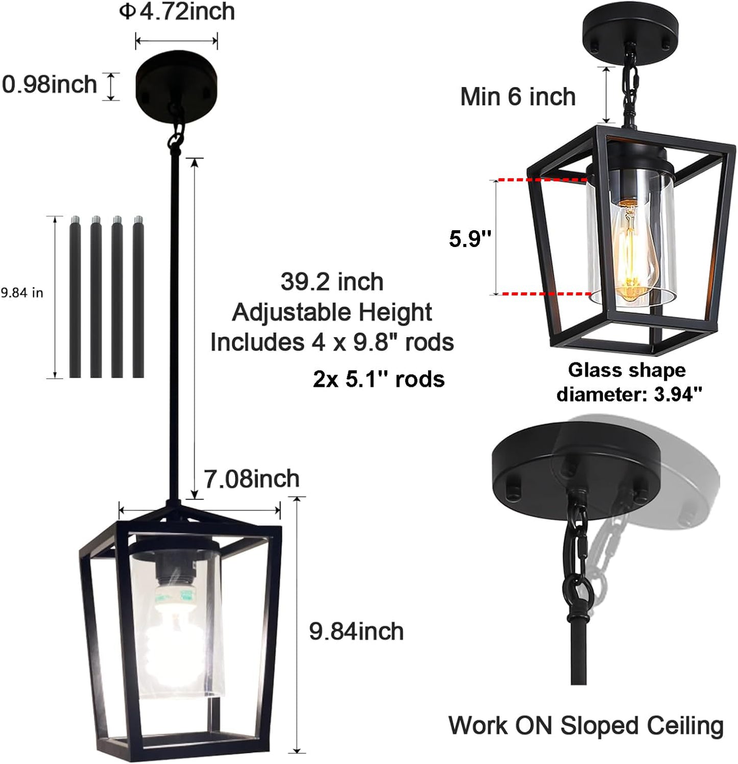 SGLfarmty 1-Light Black Pendant Lights Kitchen Island, Modern Farmhouse Cage Metal Adjustable Lantern Hanging Light Fixture with Glass Shade for Over Sink Dining Room Entryway Hallway