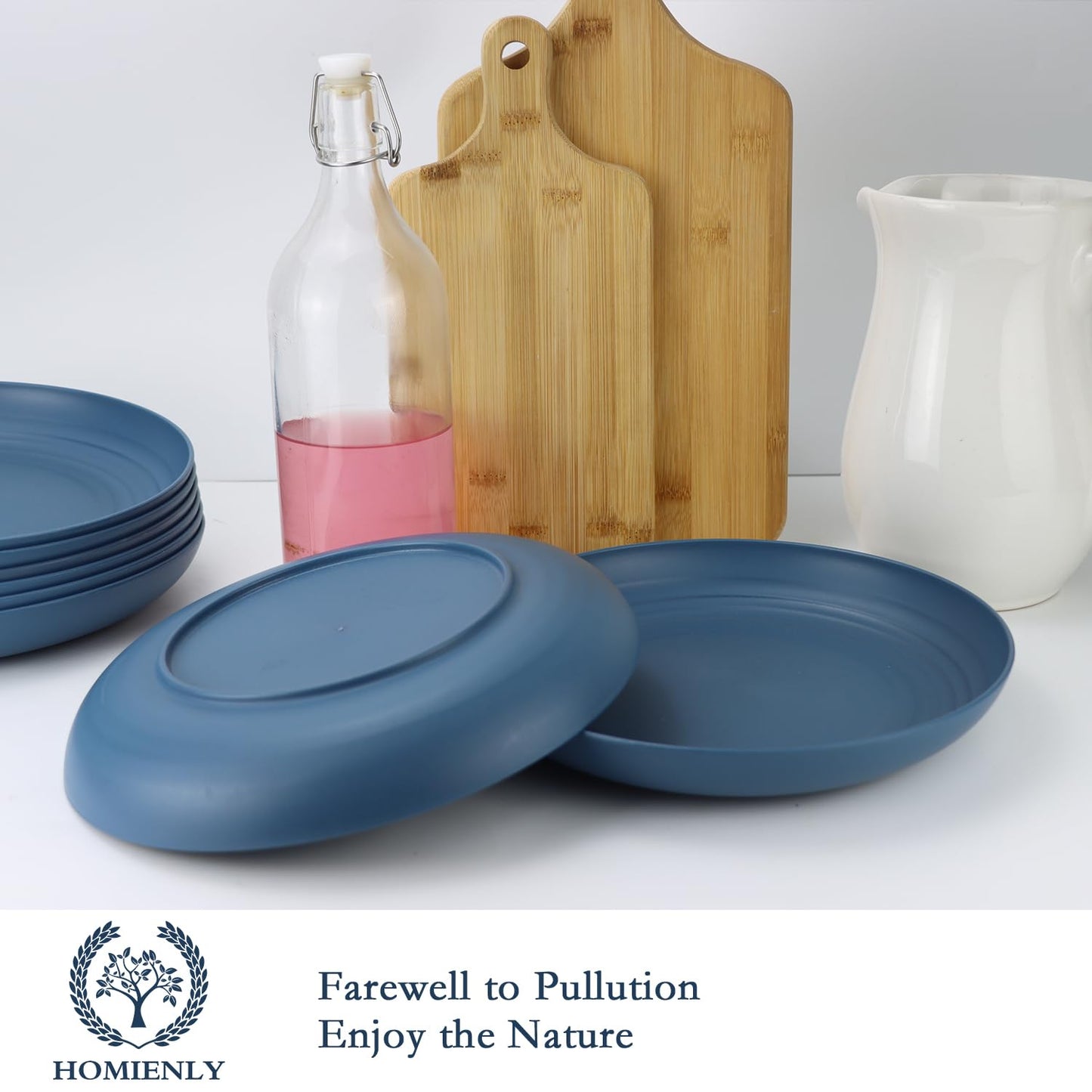 Homienly Deep Dinner Plates Set of 8-9 inch Alternative for Plastic Plates Microwave and Dishwasher Safe Wheat Straw Plates for Kitchen Unbreakable Plate Set (Blue)