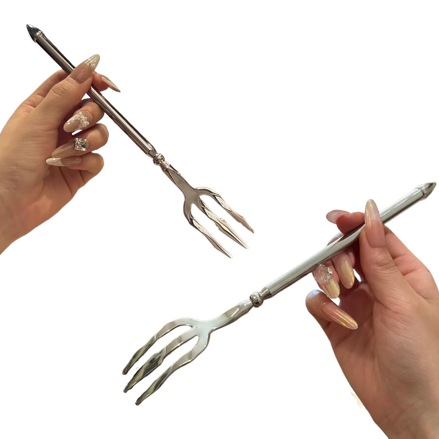 CHENSHUO Stainless Steel Dinner Fork,Meat Cooking Gourmet Steak Round Handle Long Handle Fork Used In Kitchen Restaurant,2 Pieces,Silver.