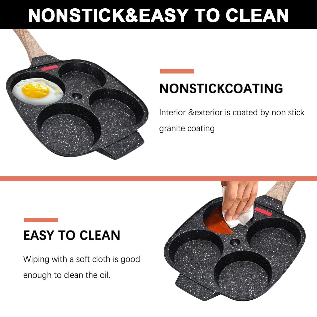 Bobikuke 4-Cup Egg Pan Nonstick, Egg Frying Pan with Lid Pancake Pan, Omelet Pan Induction Compatible for Breakfast- Black
