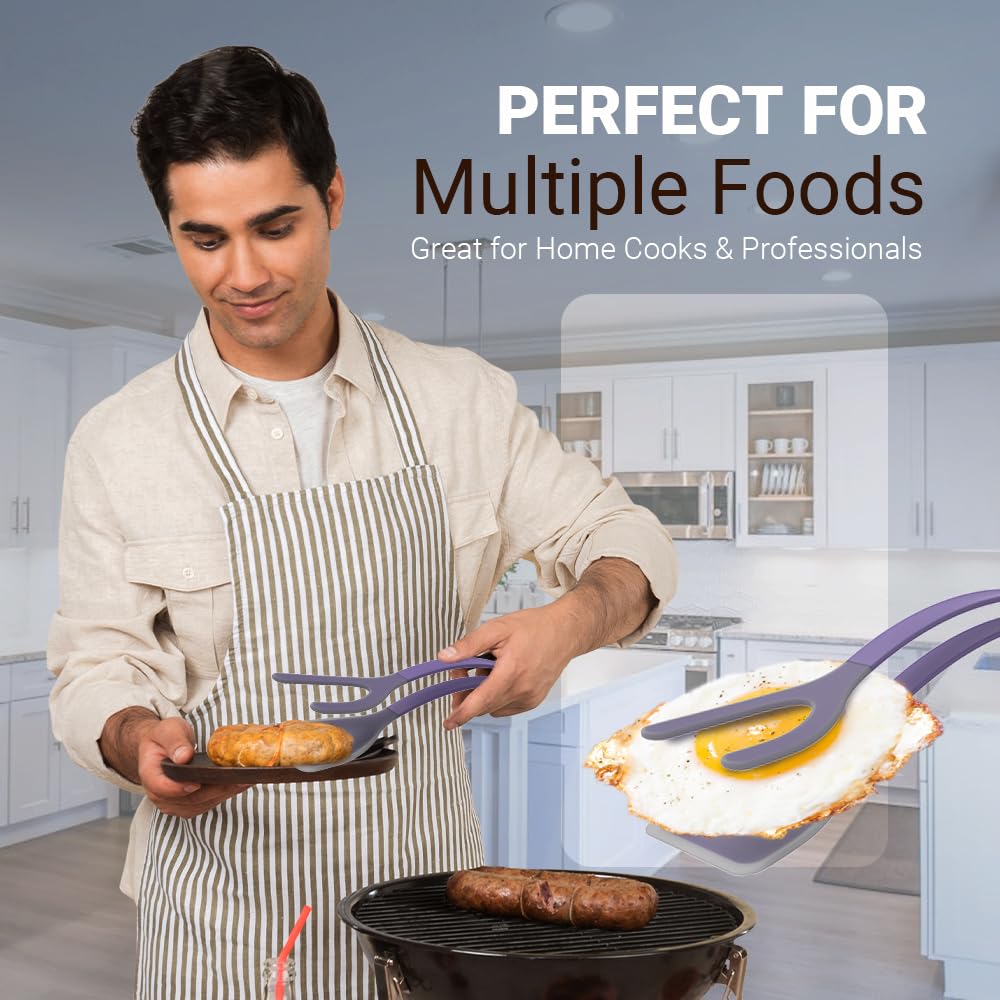 ZONZEST Silicone Egg Flipper Spatula Tongs (Set of 1) – Non-Stick 2-in-1 Grip & Flip Kitchen Tongs for Pancakes, Fish, Eggs, and More – Heat Resistant Cooking Tool (Black) (Purple)