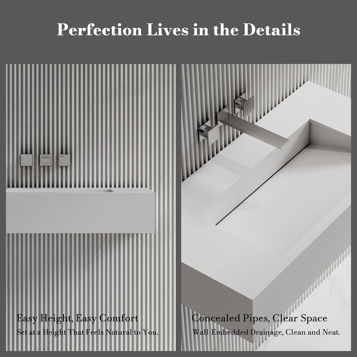 MonBlari 32" White Stone Resin Rectangular Vessel Sink, Wall-Embedded Drain V-Shaped Floating Bathroom Sink, Modern Art Basin for Vanity，Matte White