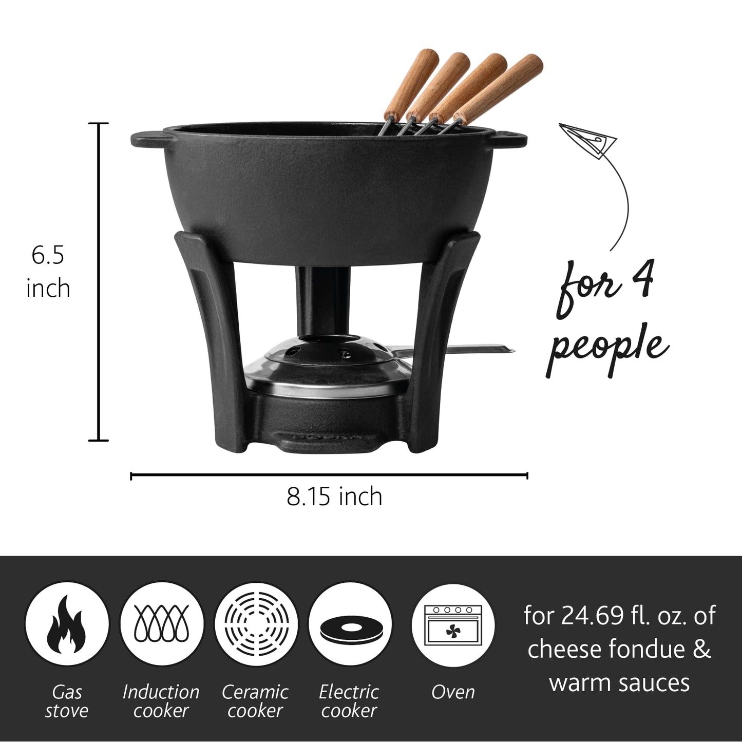 BOSKA Round Cast Iron Fondue Pot Party Pro - Durable inc. Burner and 4 Forks - for All Types of Stoves - Cheese Melts Smoothly Every Time