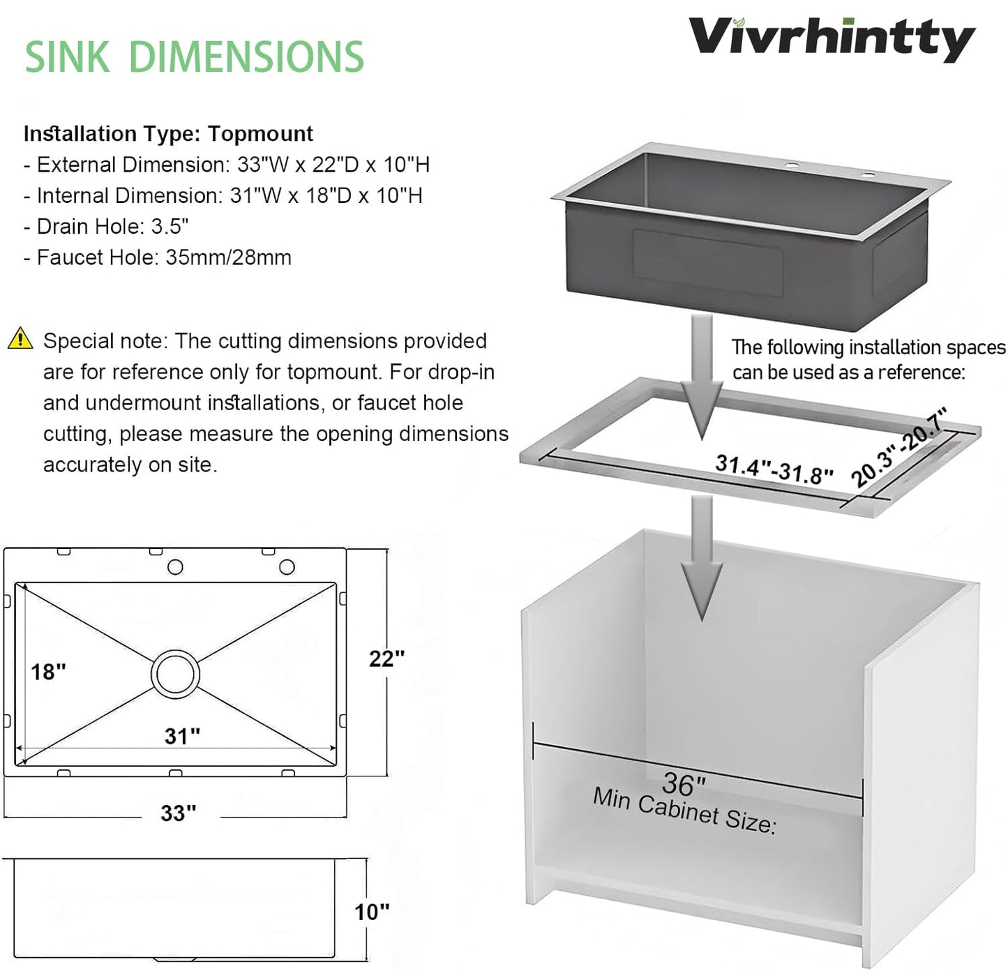 Vivrhintty 33" x 22" Drop-In Kitchen Sink, 9" Deep Single Bowl Topmount with Nano Coating, Stainless Steel for Kitchen & Laundry Room, Includes Accessories
