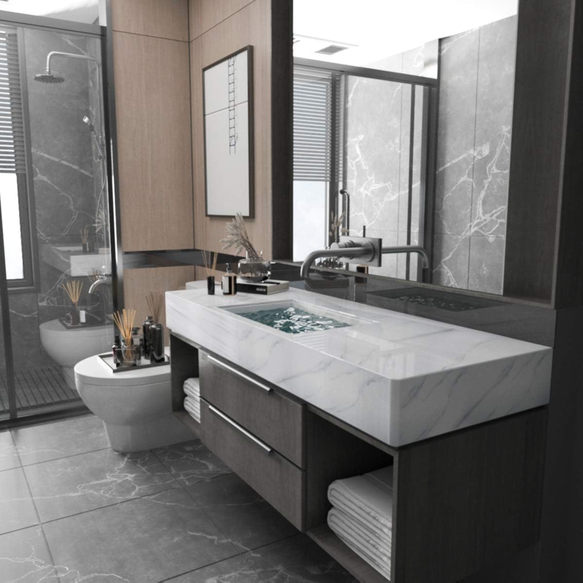 Large White Marble Granite Wallpaper Peel Stick Thicken 31.5x591inch Waterproof Furniture Sticker Self-Adhesive Contact Paper Marble Vinyl Wrap for Countertop Fireplace Backsplash DIY Wall Sticker