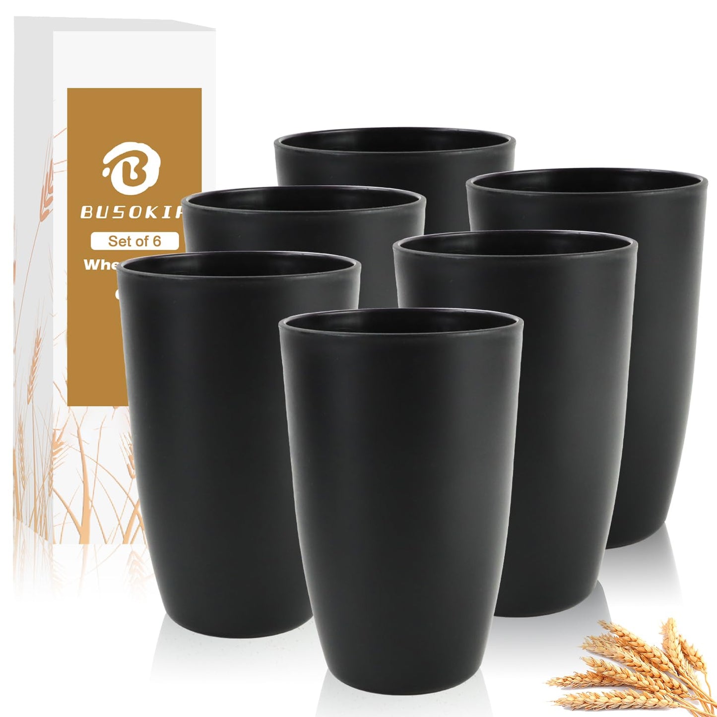 BUSOKIP 20 OZ Wheat Straw Cups SetS of 6, Unbreakable Drinking Cup, Alternative to Plastic Cups Reusable, Microwave & Dishwasher Safe Big Cup, Large Drinking Glasses for Kitchen, Party (Black)