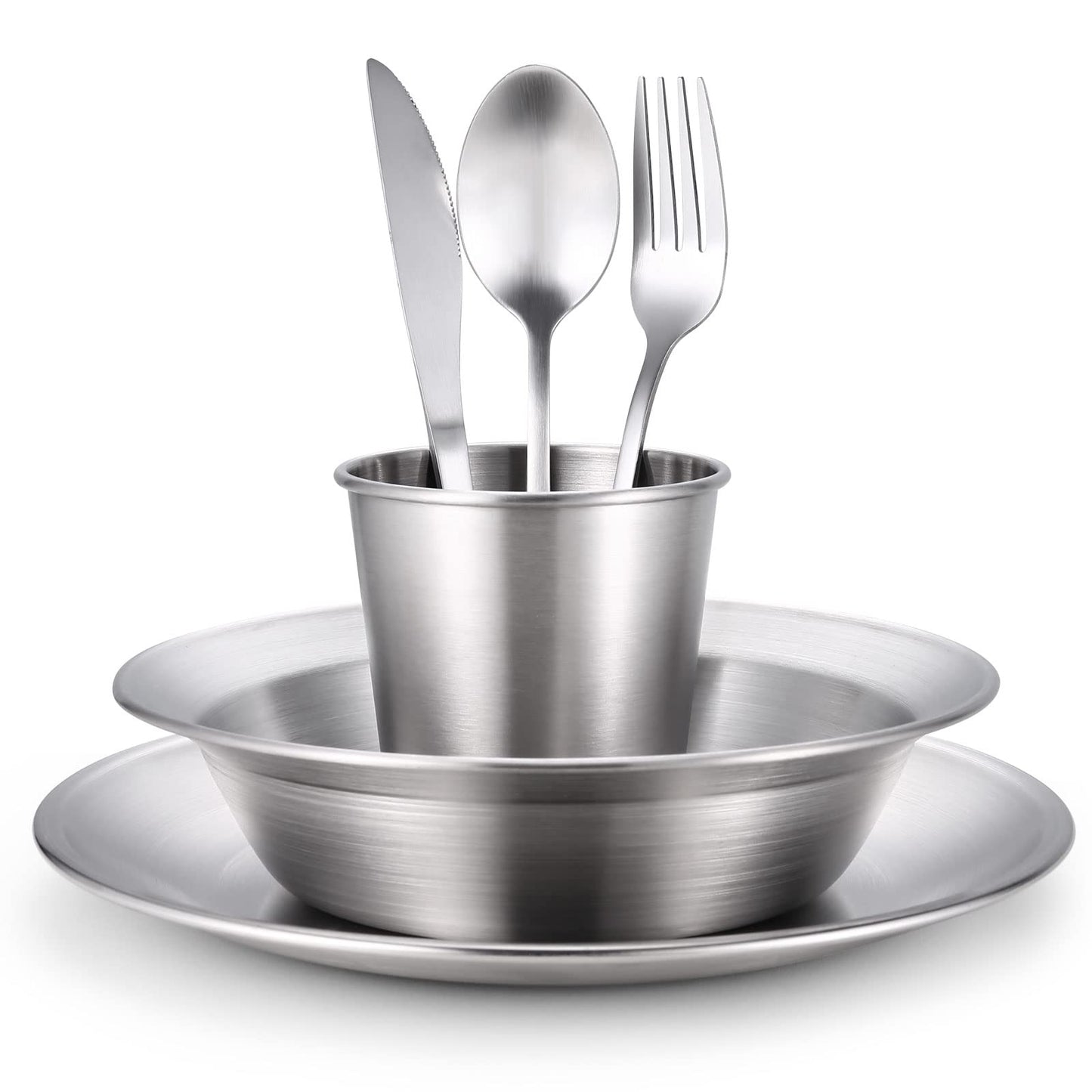 Odoland Stainless Steel Camping Mess Kit for Family & 1 Person, Cooking Tableware Utensils with Plates Bowls Forks Spoons Knives & Savings Bag for Camping, Backpacking, Hiking, Picnic, 1 Person Set