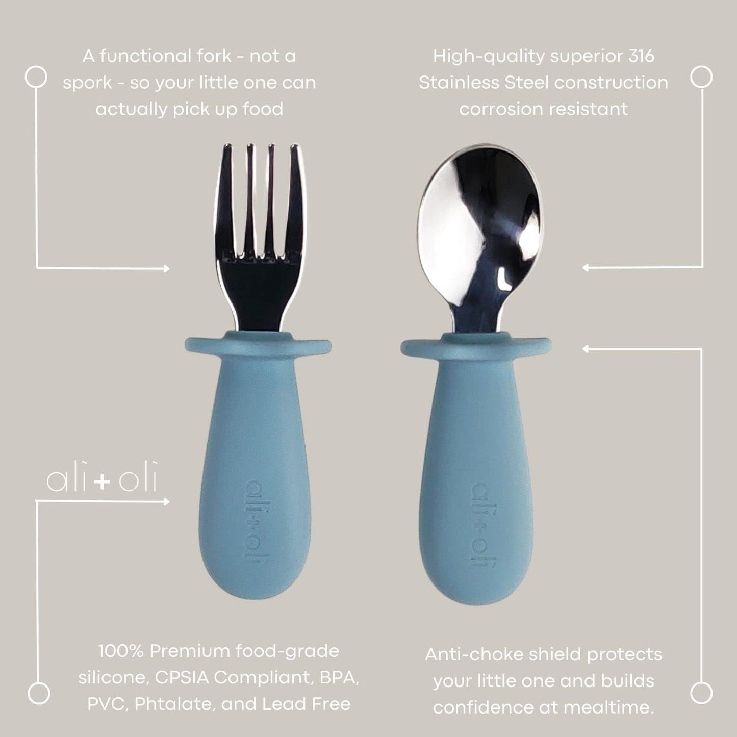 Ali+Oli Spoon & Fork Learning Set for Toddlers (Powder Blue) 6m+ Grab Easy BPA Free Food-Grade Silicone Handle, Kids Silverware Self Feeding Baby Utensil, Multi-stage Baby Feeding Set Ergonomic Design