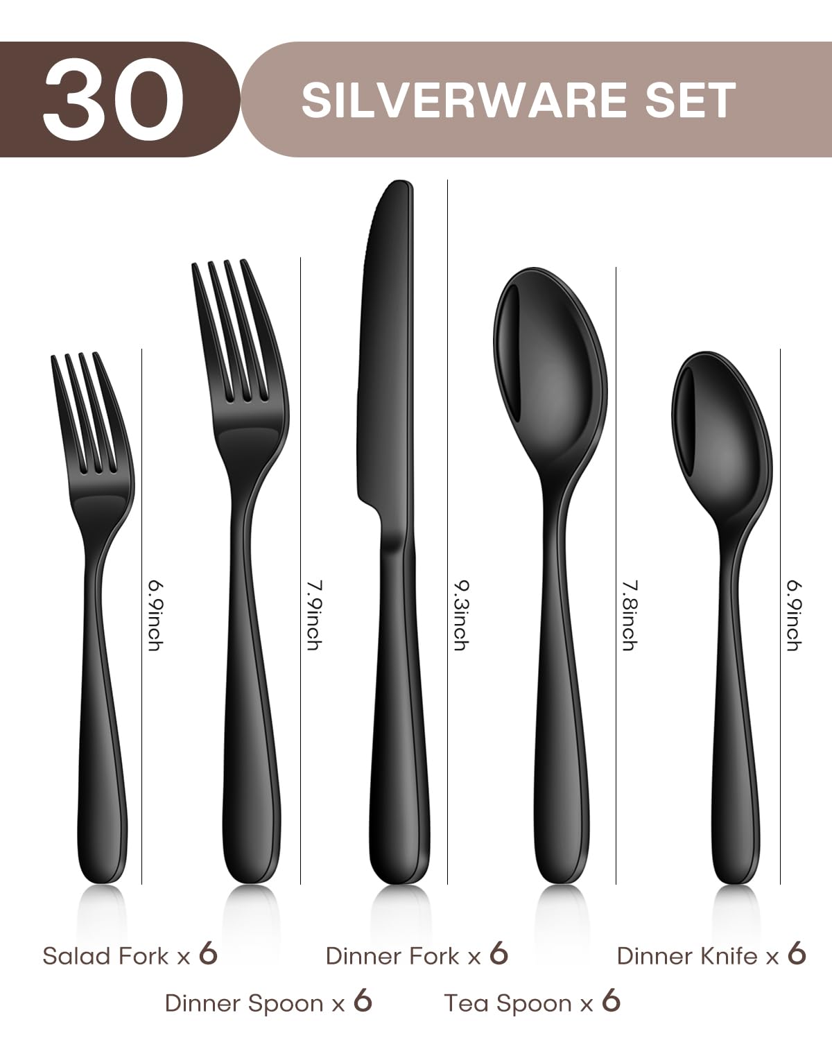 Ollex 30 Pieces Black Silverware Set for 6, Heavy Duty Black Stainless Steel Flatware Set Include Knives Forks Spoons Set Premium Modern Utensil Mirror Polished, dishwasher Safe