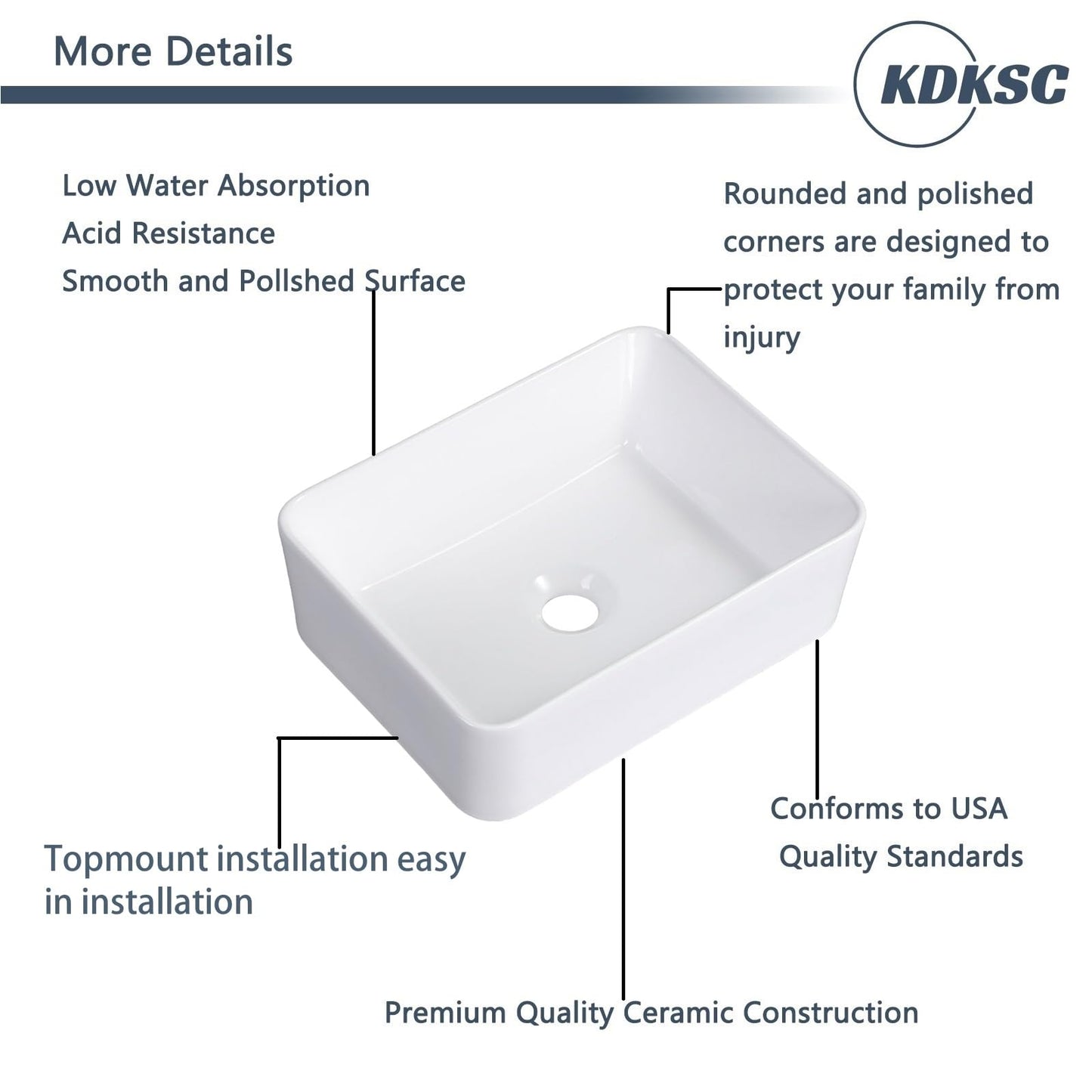 KDKSC Vessel Sink 16"x12" Rectangular White 16 Inch Bathroom Sink Porcelain Ceramic Modern Above Counter Bathroom Sinks
