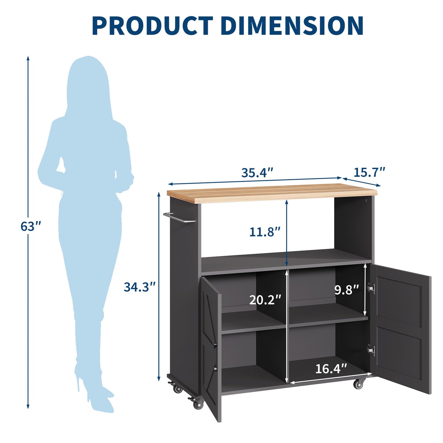 Garvee Rolling Kitchen Island with Storage Cabinet, 40.4'' Width Kitchen Cart, Portable Mobile Kitchen Island with Towel Rack, Wood Top and Lockable Wheels for Kitchen, Dining Room