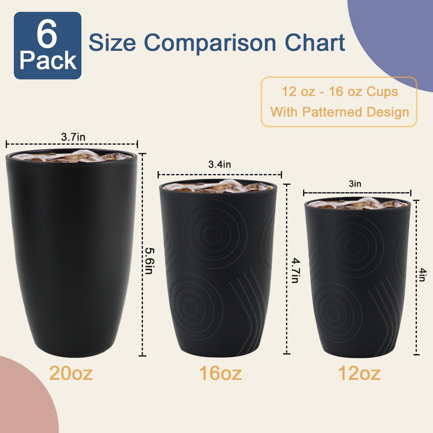 BUSOKIP 20 OZ Wheat Straw Cups SetS of 6, Unbreakable Drinking Cup, Alternative to Plastic Cups Reusable, Microwave & Dishwasher Safe Big Cup, Large Drinking Glasses for Kitchen, Party (Black)