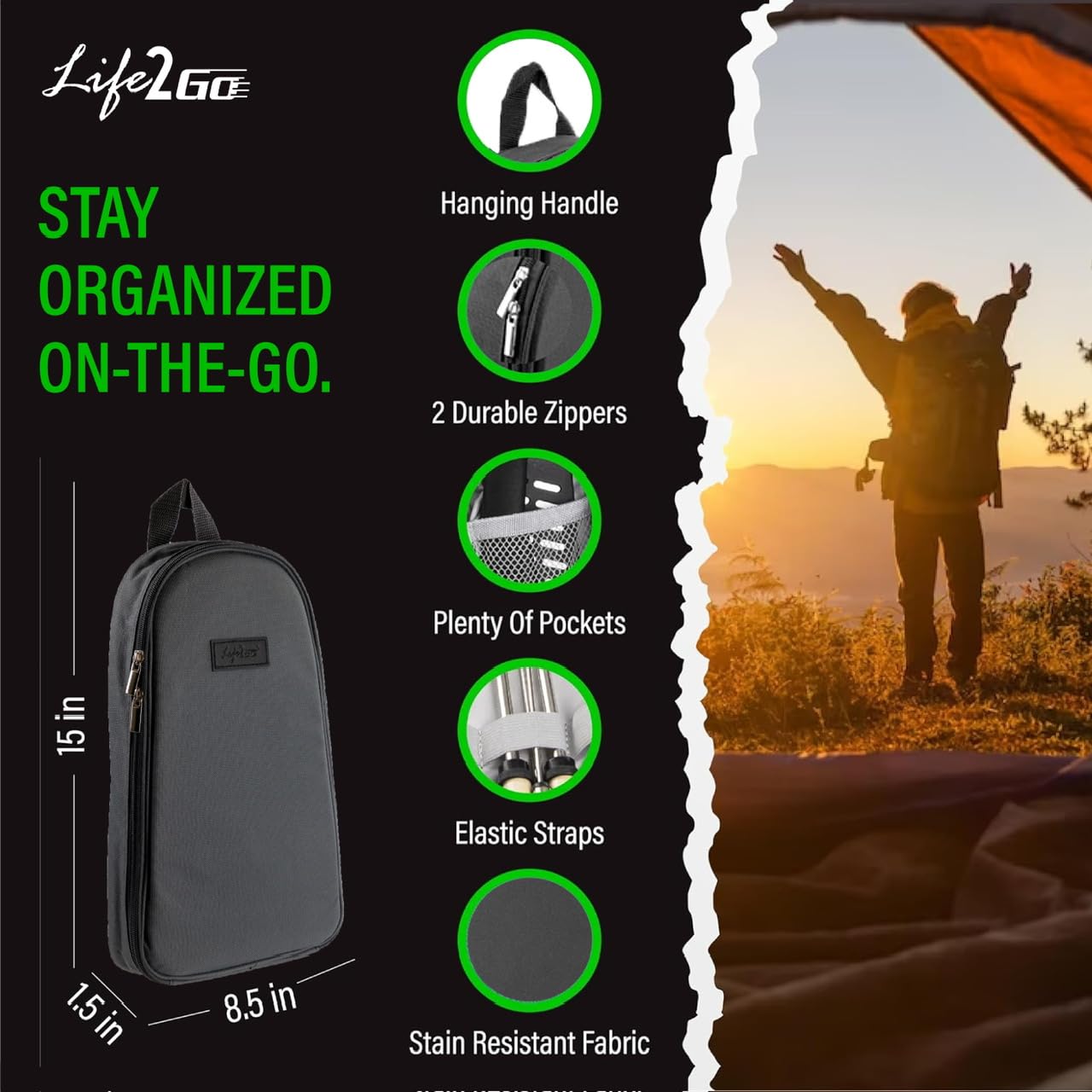 Life2Go 12 Piece Stainless Steel Camping Cooking Utensils Set, Portable Outdoor Kitchen Kit with Chef Knife, Tongs, Spatula, Scissors, Camp Cooking Gear with Carry Case for Hiking, BBQ & Travel, Gray