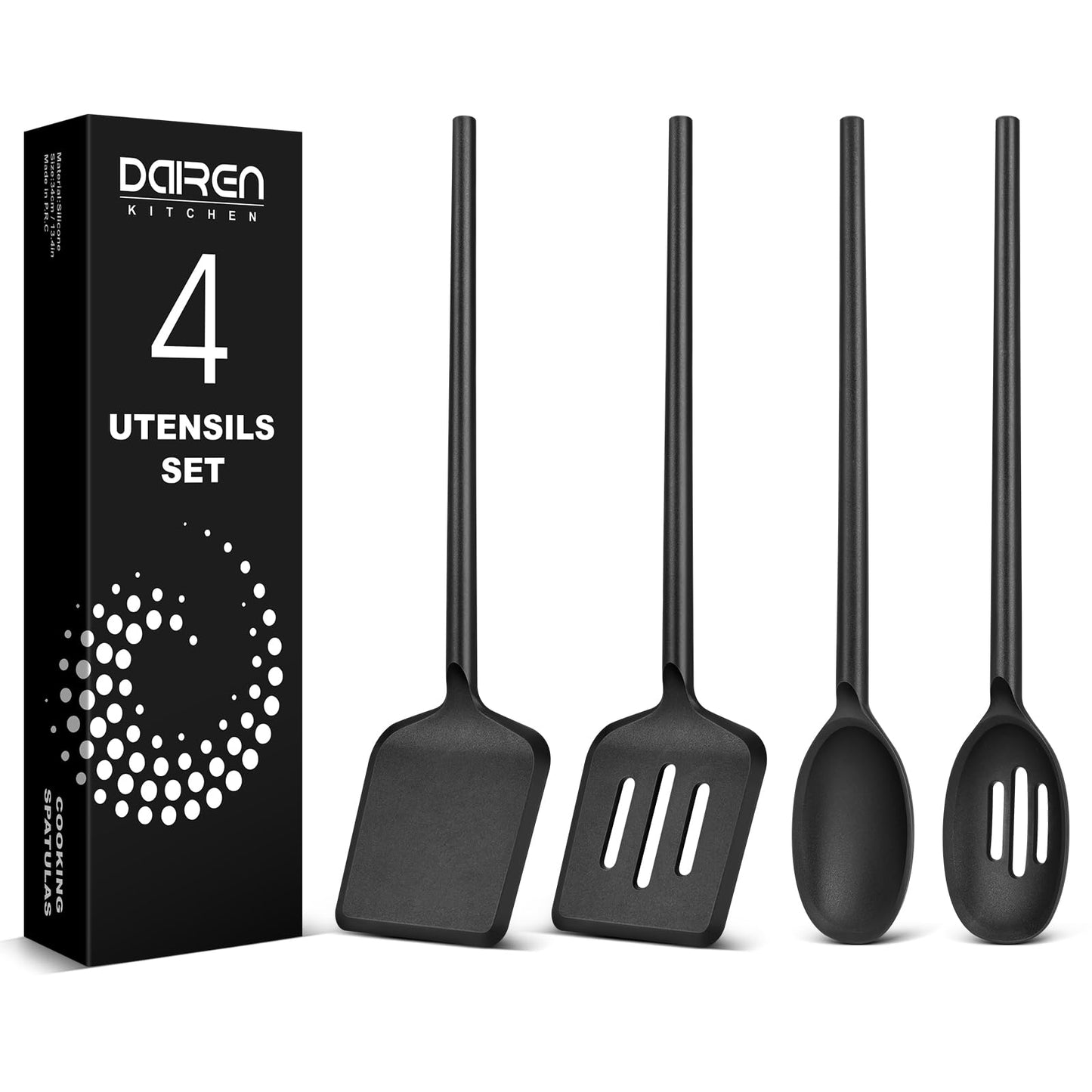 Silicone Cooking Utensils Set, Heat Resistant Non-Stick Long Handle Silicone Spatulas Turner & Spoons Set, BPA-Free Solid & Slotted Kitchen Tools for Frying, Stirring & Serving (4 Pack) (BLACK)