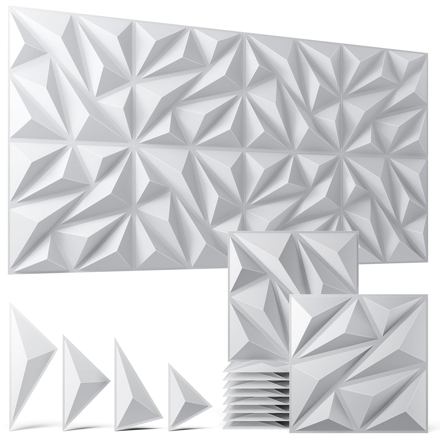 ZELMINE 3D Wall Panels White 16 Pack (Covers 15.5 Sq.Ft), 12" x 12" Diamond Texture Premium PVC Wall Tiles for Interior Decor, Waterproof & Paintable Accent Paneling for Gaming Room, Living Room