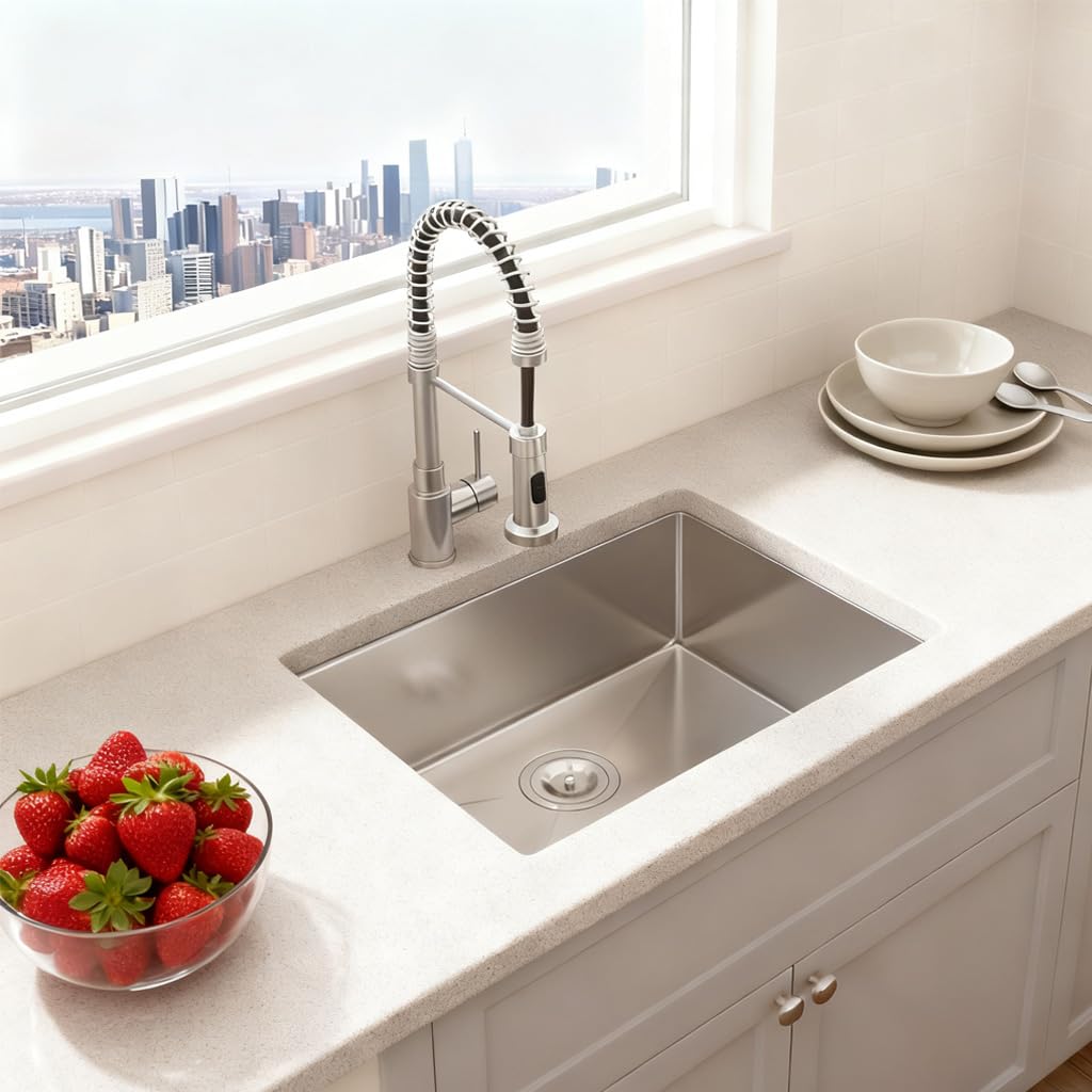24 x 18 Inch Undermount 304 Stainless Steel Kitchen Sink, Deep Single Bowl Workstation Sink, Multifunctional Integrated Ledge One Basin Handmade Kitchen sink with Accessories