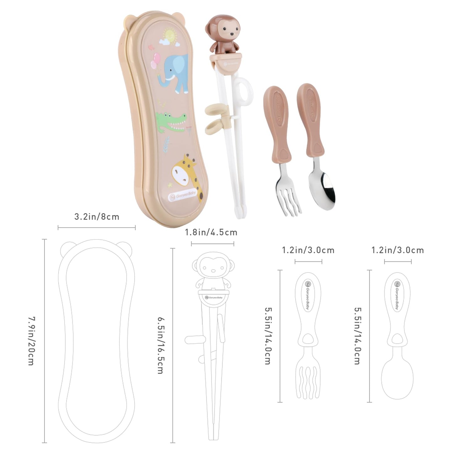 Goryeo Baby Toddler Utensils Stainless Steel Kids Silverware Set with Kids Training Chopsticks and Baby Spoon and Fork for Self Feeding Learning with Case