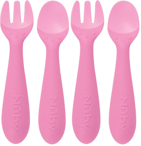 Nuby Silicone Easy Grip Fork & Spoon Set, 12+m in Pink (Pack of 2)