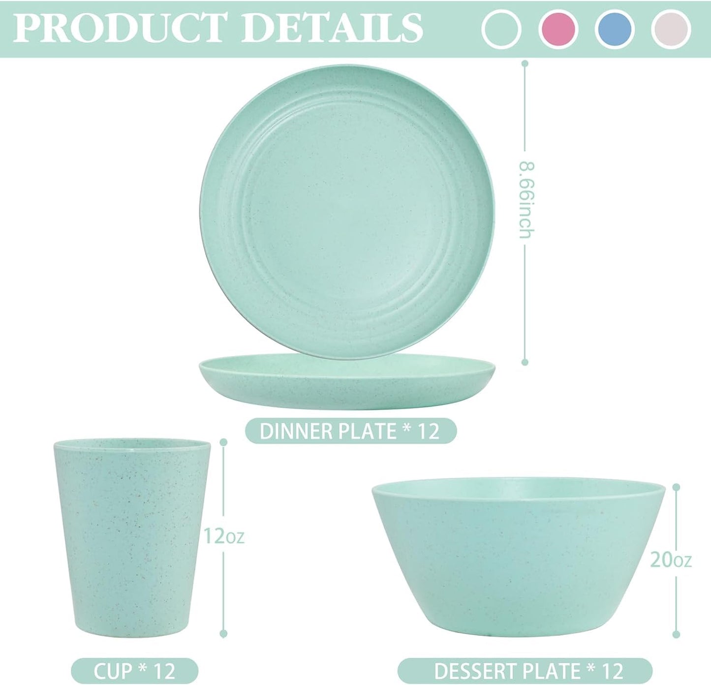 LIYH 36 Pcs Wheat Straw Dinnerware Set for 12,Plastic Plates Reusable,Camping Plates and Bowls Set,Dishwasher Safe Dinnerware,Unbreakable Plate Pink Green Blue Beige