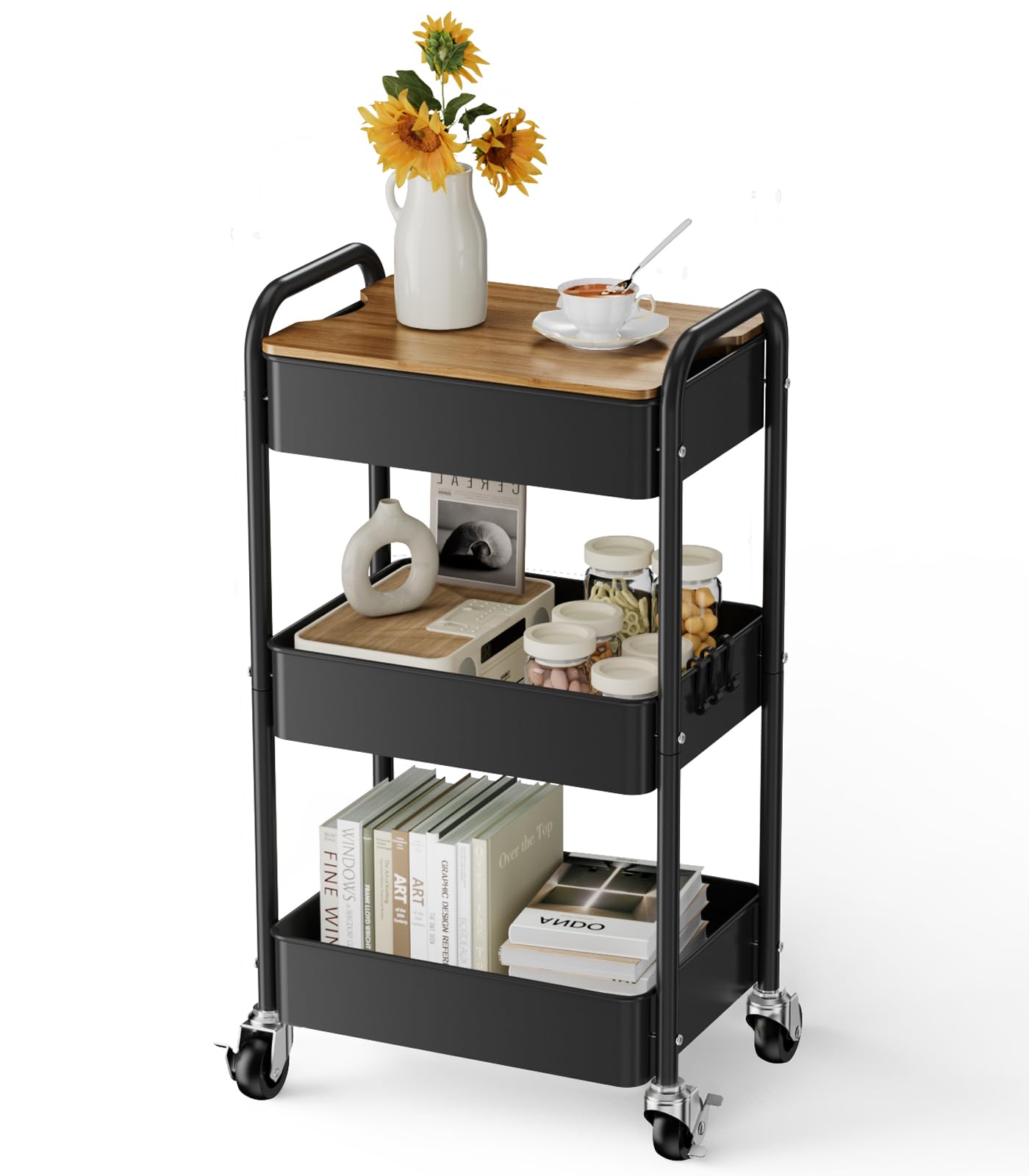 johgee 3 Tier Rolling Cart with Table top, Metal Utility Cart, Sturdy Storage Organizer Cart with Locking Wheels & Hooks for Office, Classroom, Kitchen and Bathroom