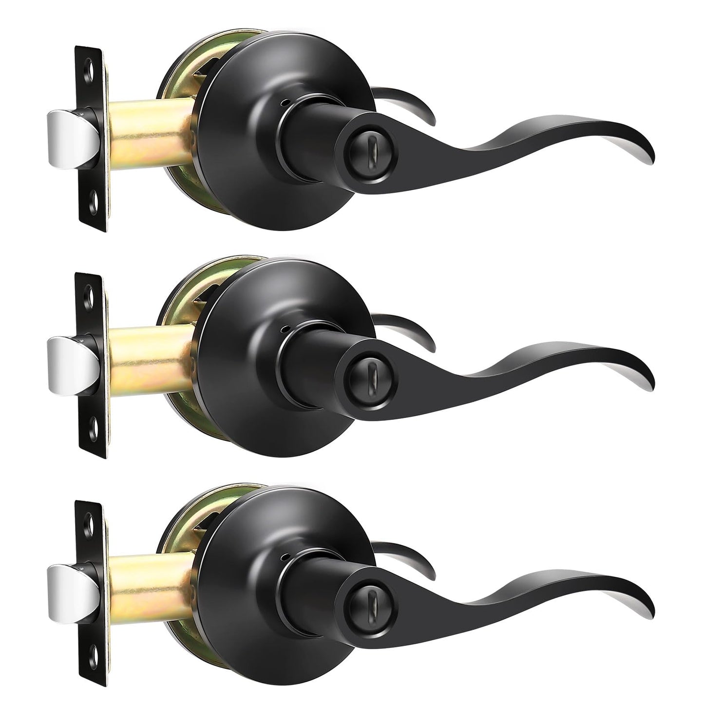 GOBEKOR 3 Pack Matte Black Privacy Door Handles for Bedroom and Bath Lever Door Handle Interior with Lock Wave Door Levers Keyless