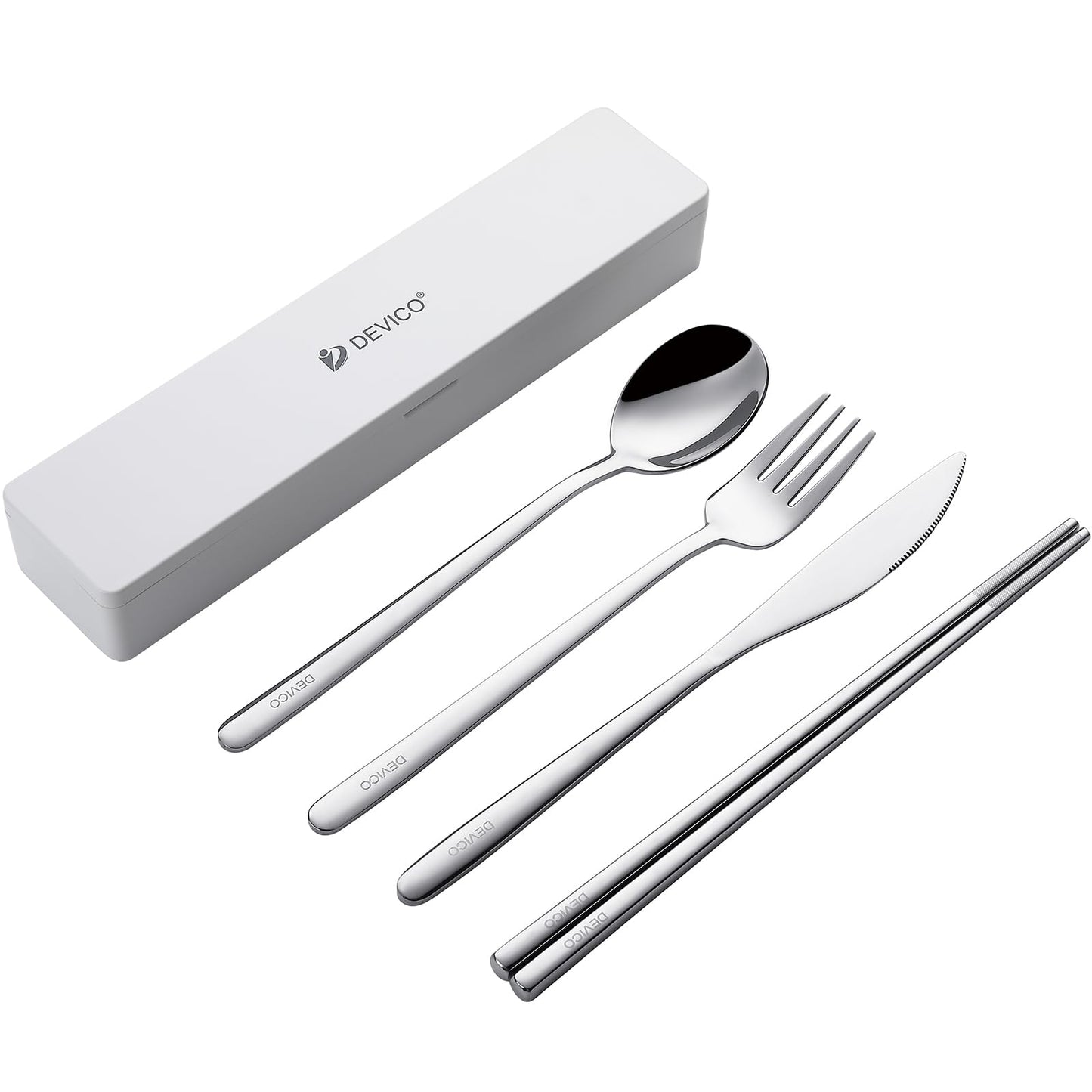 DEVICO Travel Utensils With Case, Camping Silverware, Portable Cutlery Flatware Set for Lunch, Reusable 18/8 Stainless Steel Knife Spoon Fork Chopsticks