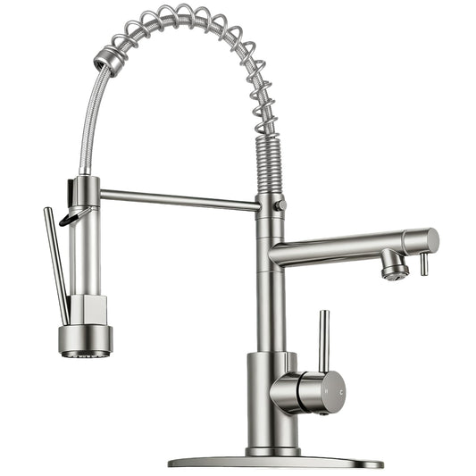 RNDIOZD Kitchen Faucet with Pull Down Sprayer - Brushed Nickel Single Handle Commercial Kitchen Faucets, 2-Spout Kitchen Sink Faucet, Stainless Steel Spring Pull Out Sink Faucet 1/3 Hole