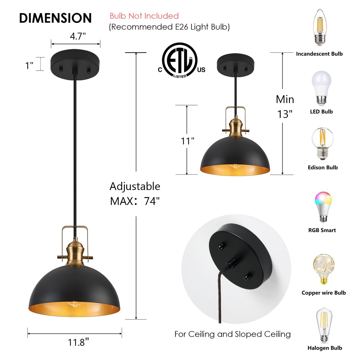 Haolaike 12 Inch Pendant Lights for Kitchen Island Matte Blacks Farmhouse Pendant Light fixtures Adjustable Height Dome Hanging Light for Dinning Room Bedroom Hallway,3 Packs